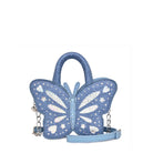 Front view of a denim butterfly shaped top handle crossbody bag with rhinsestones