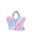 Front view of an ombre plush butterfly top-handle crossbody bag with pearl embellishments 