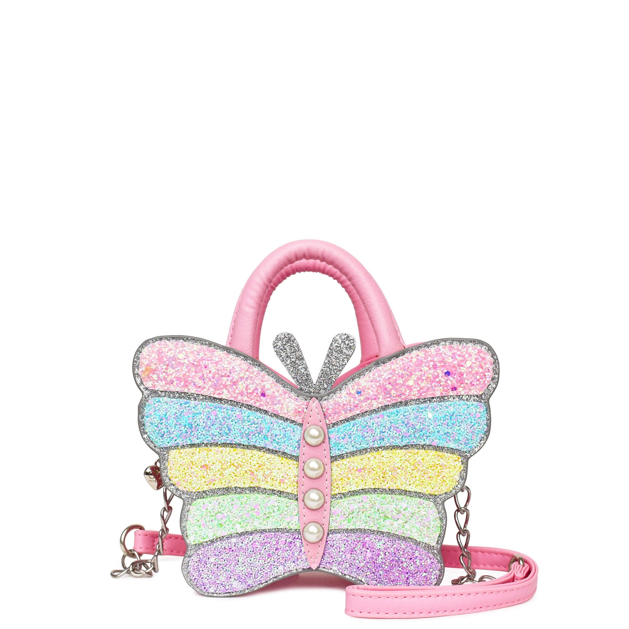 front view of a multi colored glitter butterfly top handle crossbody bag with pearl detailing