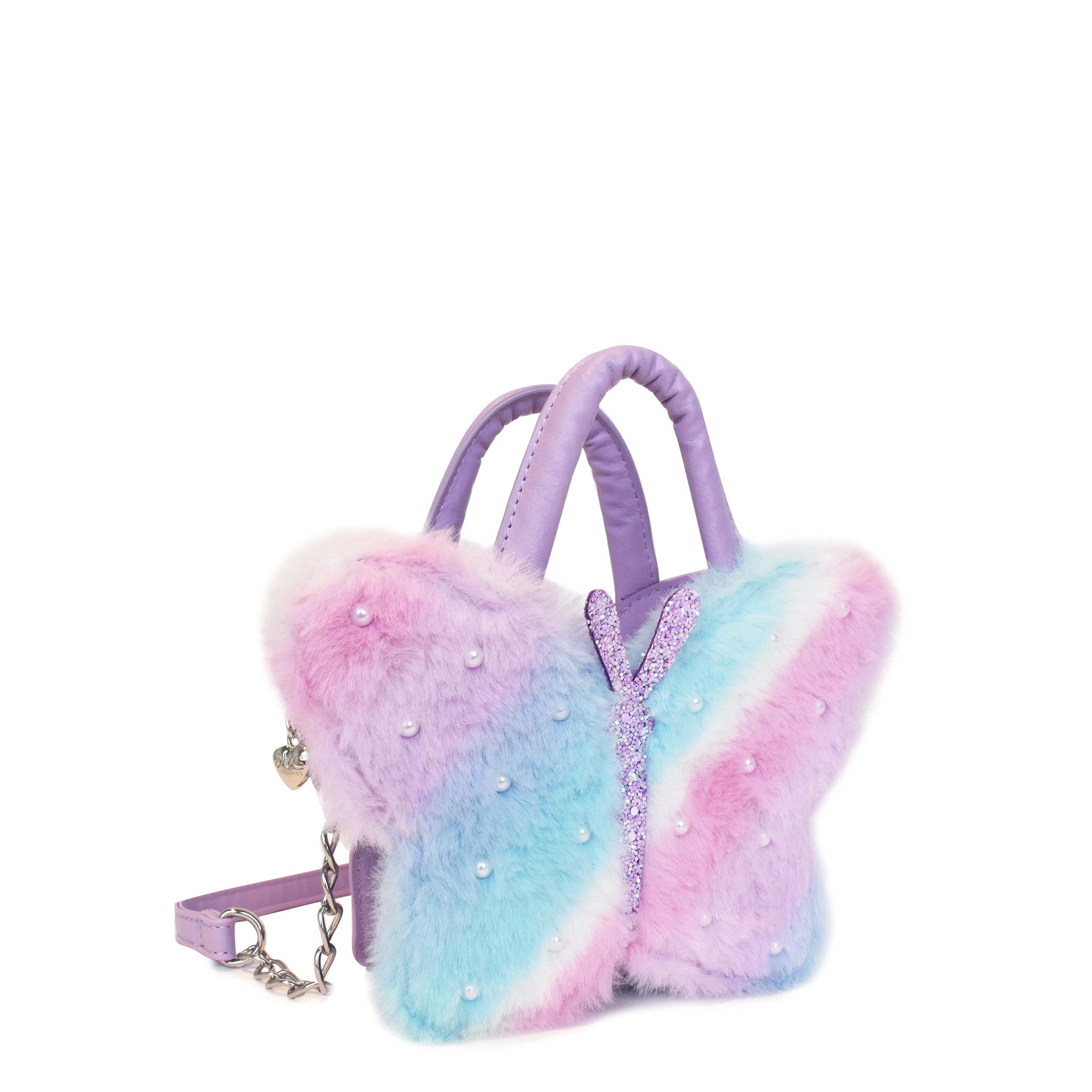 Side view of an ombre plush butterfly top-handle crossbody bag with pearl embellishments