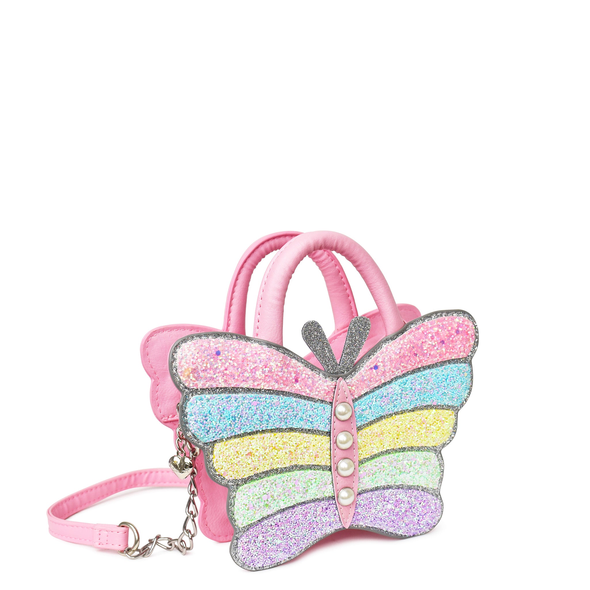 side view of a multi colored glitter butterfly top handle crossbody bag with pearl detailing