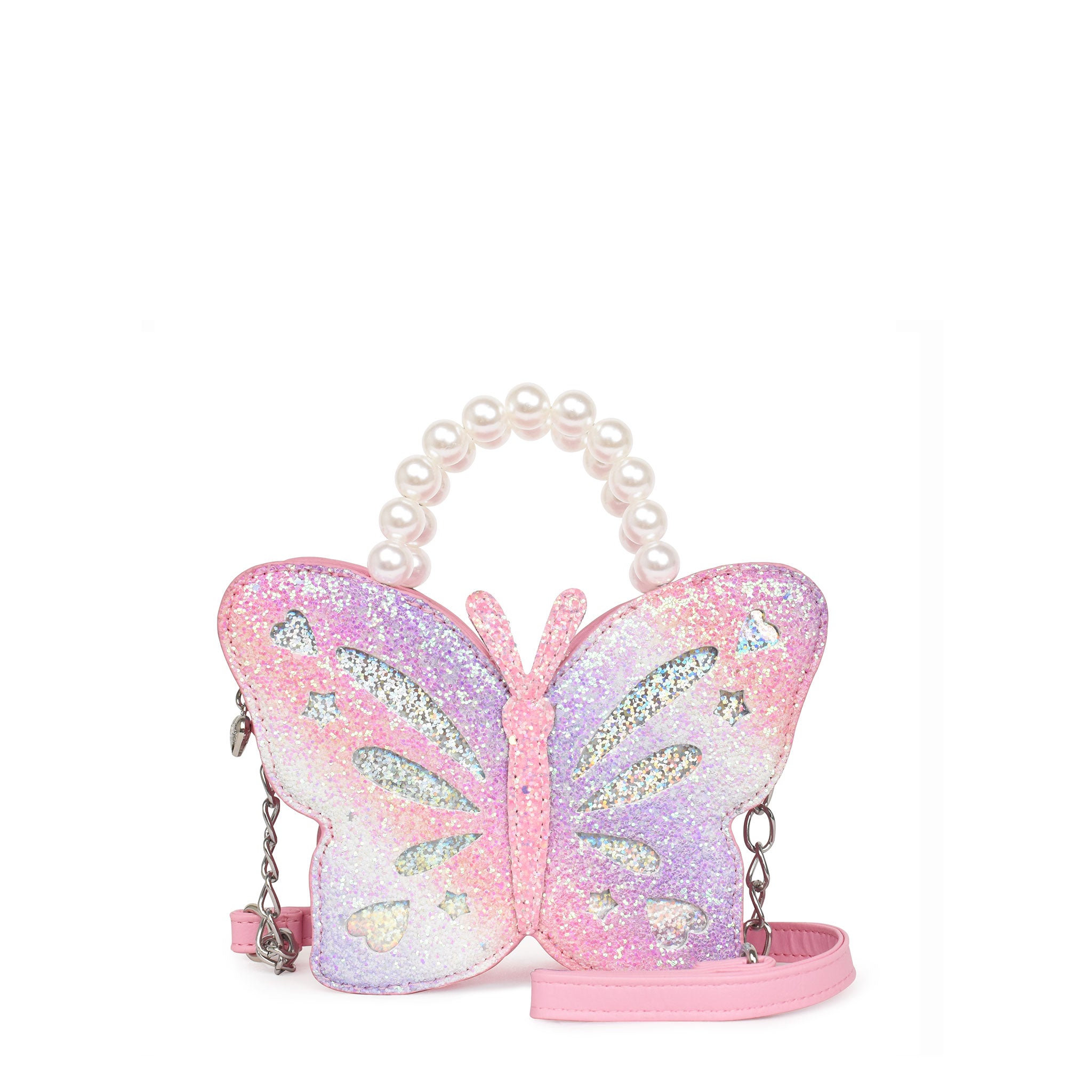 Front view of a glitter butterfly shaped crossbody bag with a pearl beaded top-handle