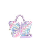 Front view of a pink, purple, blue, white sequins butterfly shaped crossbody with lavender pearl top handles