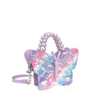 Side view of a pink, purple, blue, white sequins butterfly shaped crossbody with lavender pearl top handles