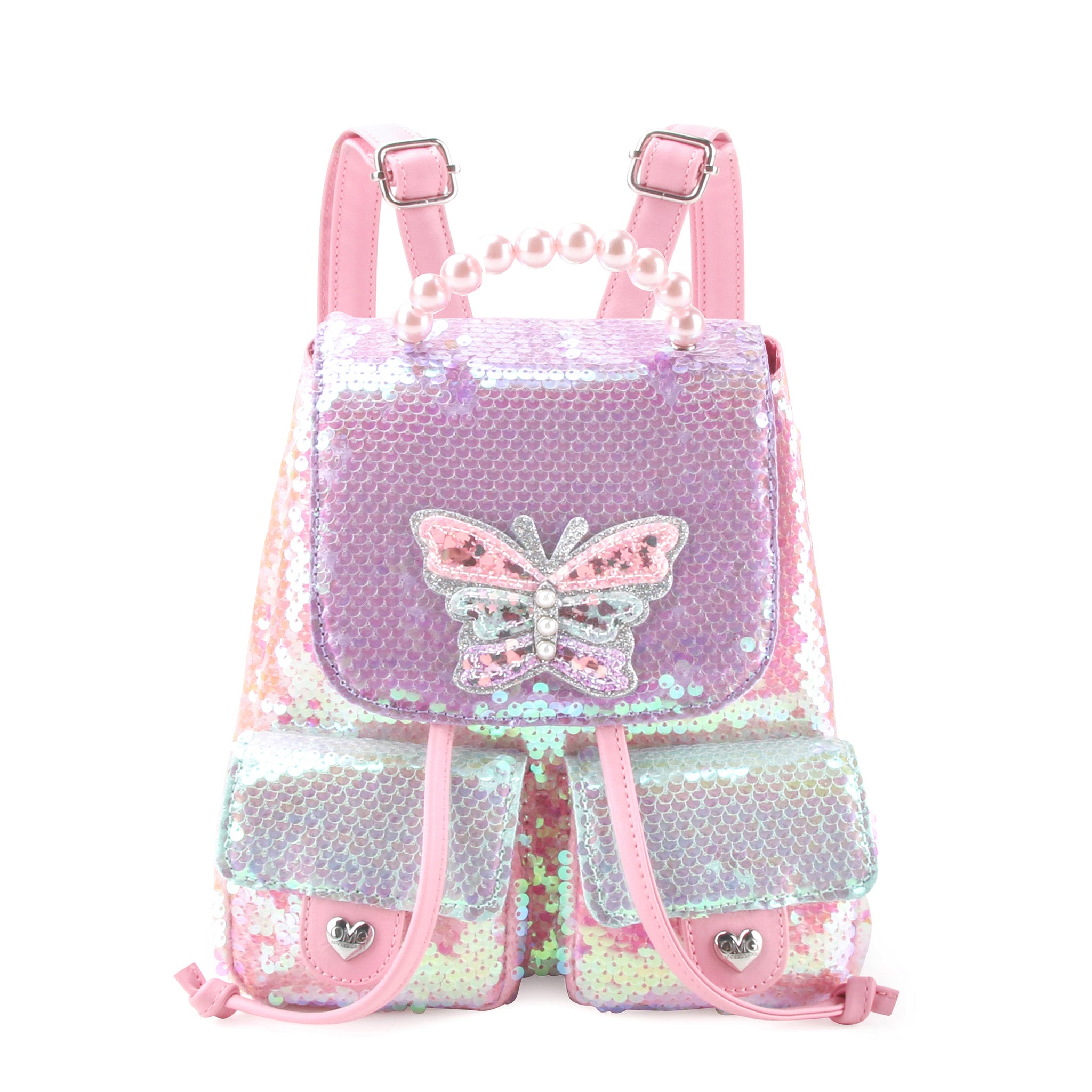 front view of a sequin color blocked drawstring flip front mini backpack with a pearl top handle & confetti filled butterfly patch.