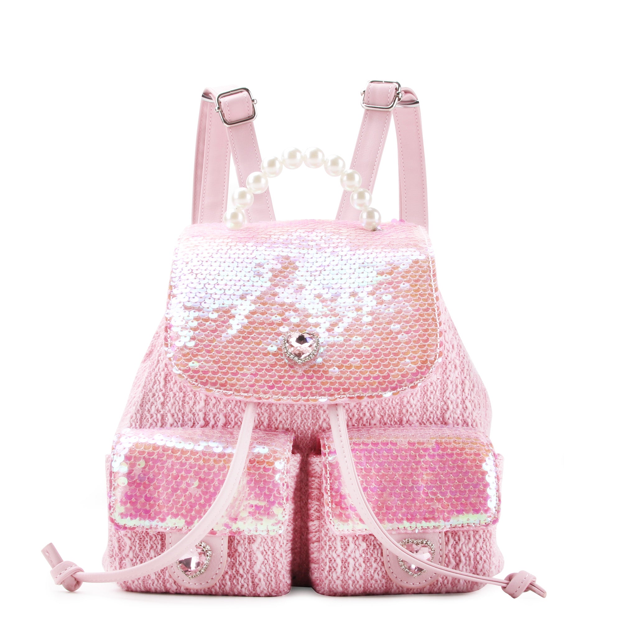 front view of a pink sequin & tweed drawstring mini backpack with a pearl beaded top handle