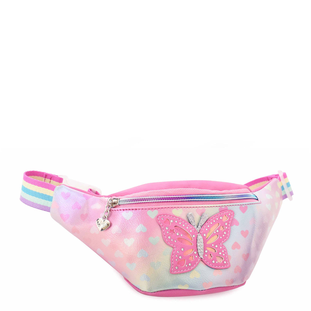 Side  view of metallic ombre hearts printed fanny pack with a glitter butterfly appliqué.