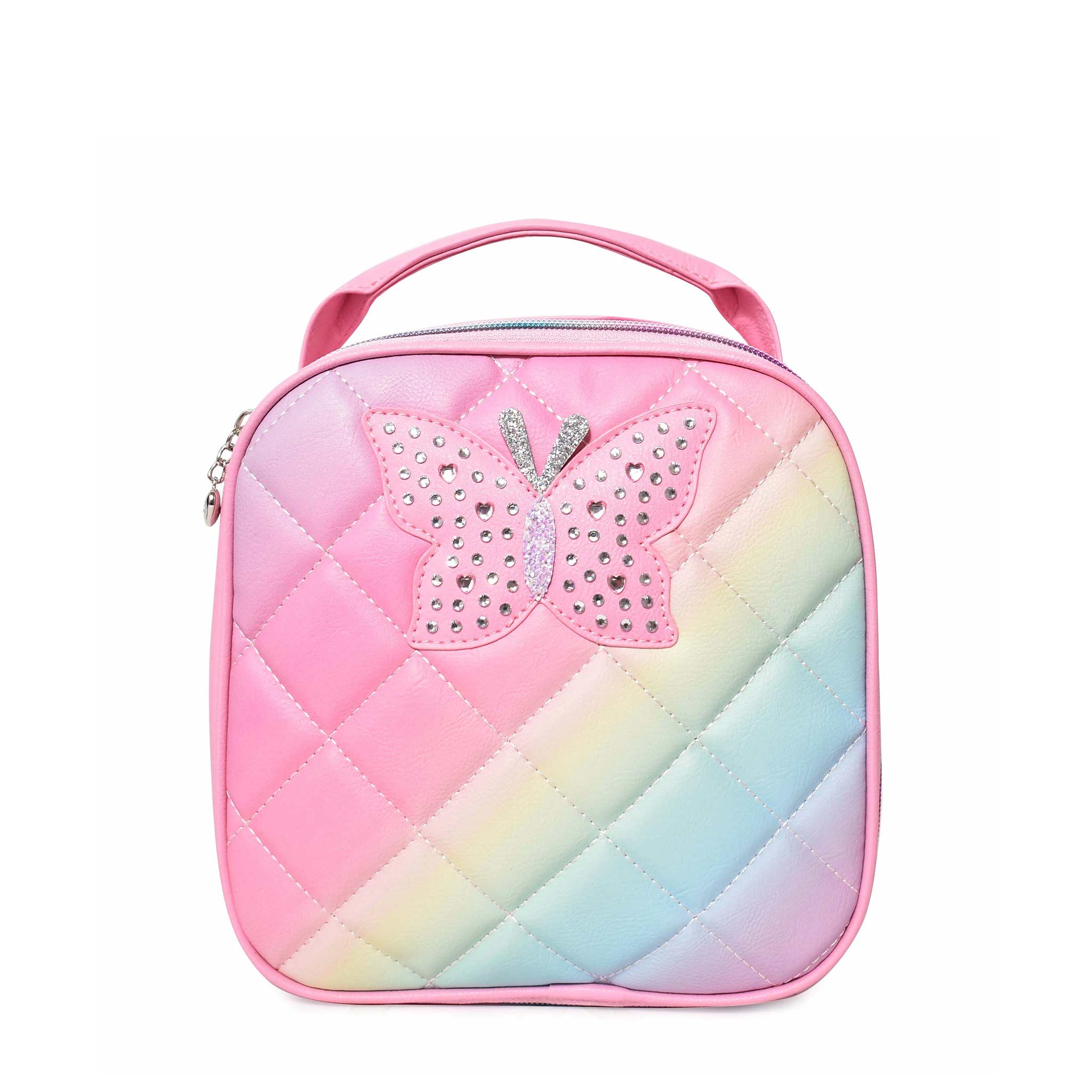 Front view of rainbow ombre quilted lunch bag embellished with a pink rhinestone butterfly.