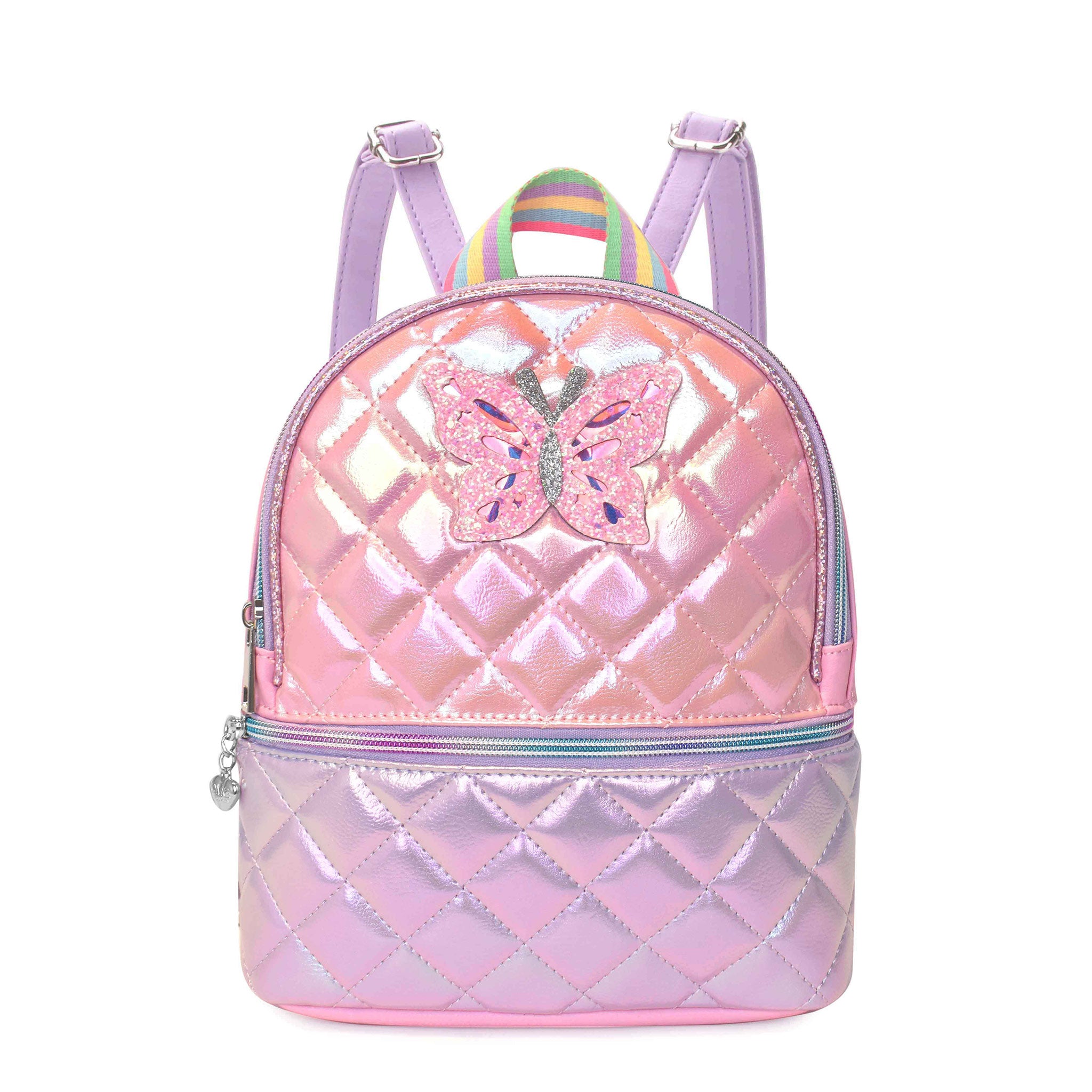Front view of a two-toned pink and purple metallic quilted mini backpack embellished with a glitter butterfly appliqué 