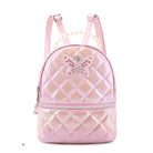 Front view of a pink, metallic quilted mini backpack with a pearl handle and glitter butterfly  appliqué 