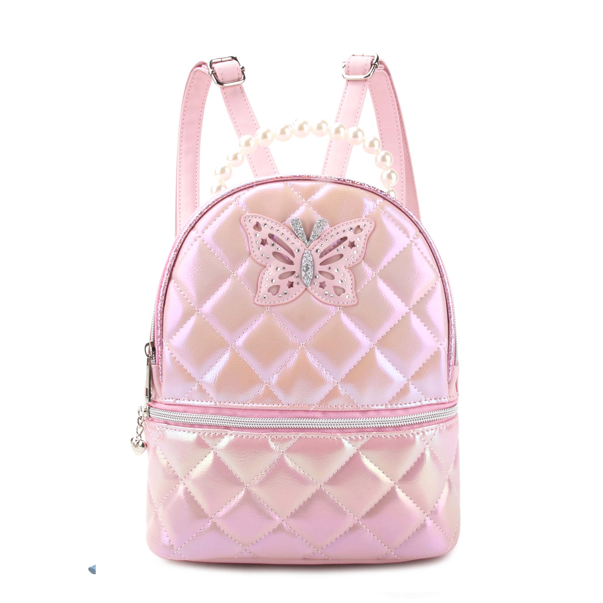 Front view of a pink, metallic quilted mini backpack with a pearl handle and glitter butterfly  appliqué 