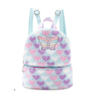 Front View of a light aqua heart printed plush mini backpack with a glitter rainbow applique patch