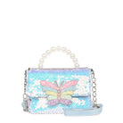 front view of a sequin flap front mini bag with a beaded pearl top handle with a glitter butterfly closure appliqué 