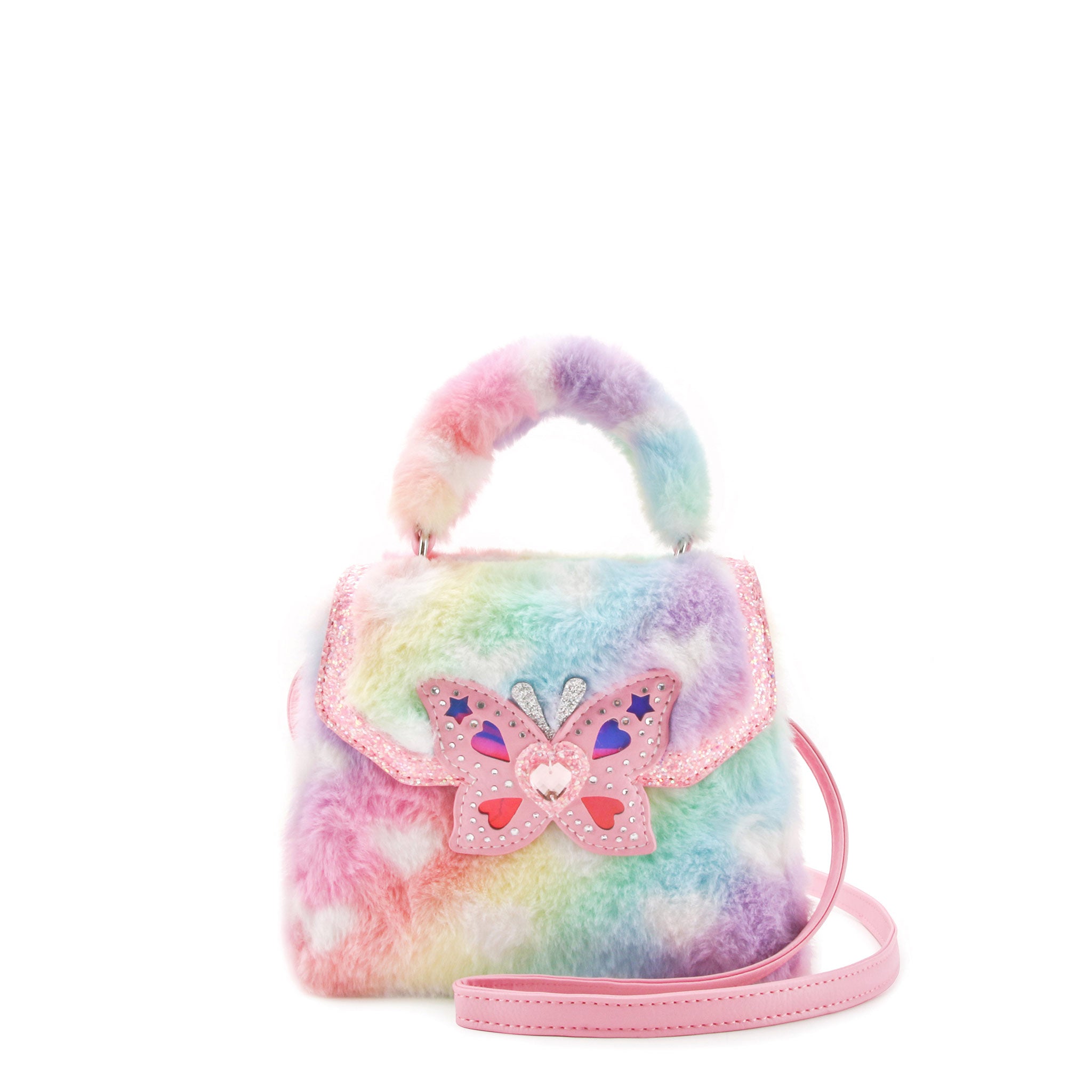 front view of a rainbow ombre plush mini top handle bag with a butterfly applique closure
 