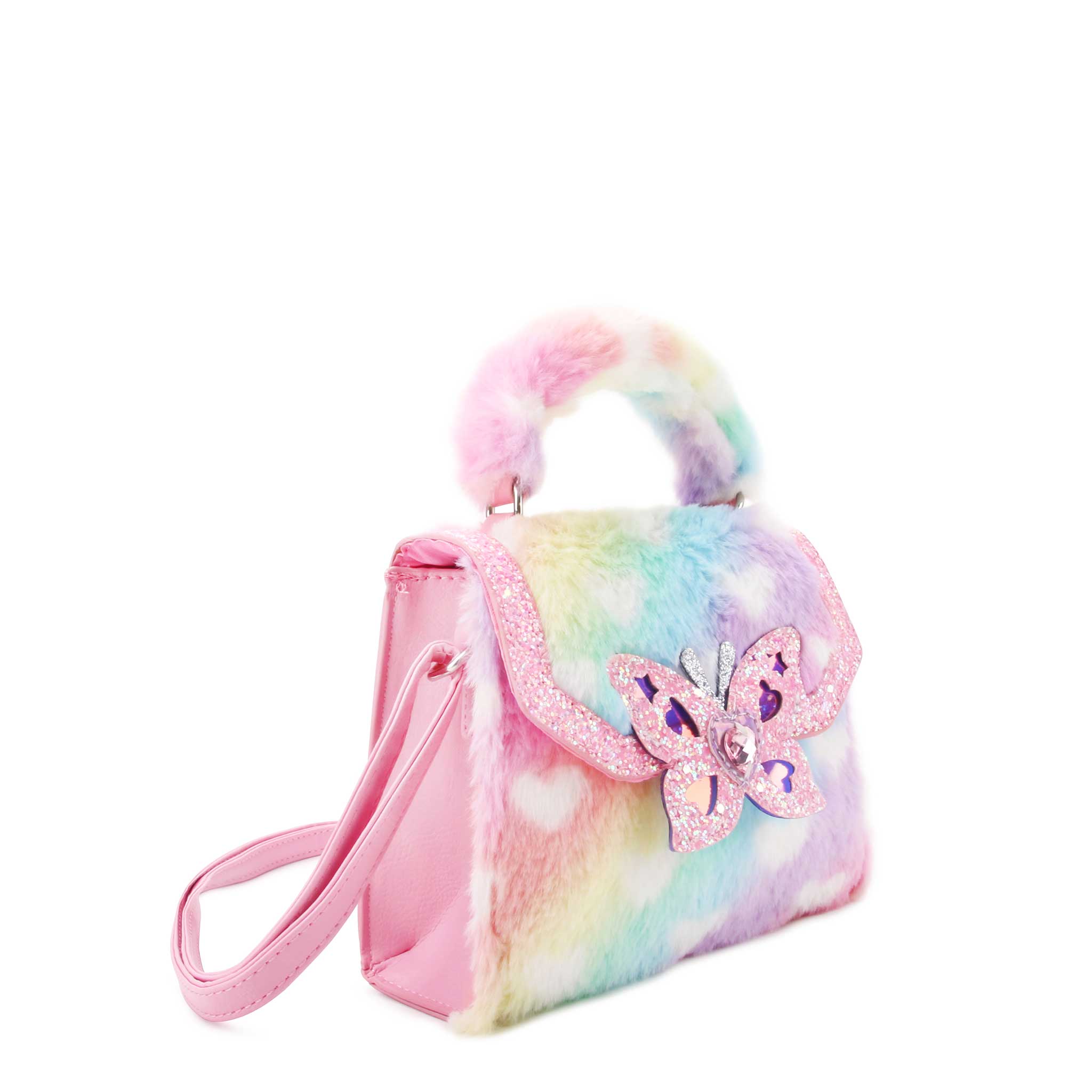 side view of a rainbow ombre plush mini top handle bag with a butterfly applique closure