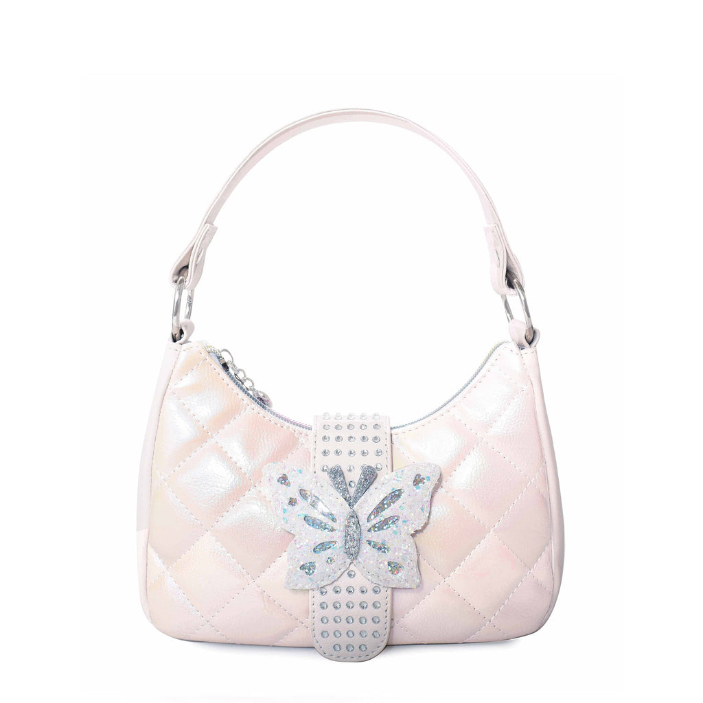 Front view of white metallic quilted hobo bag with rhinestone and glitter butterfly buckle