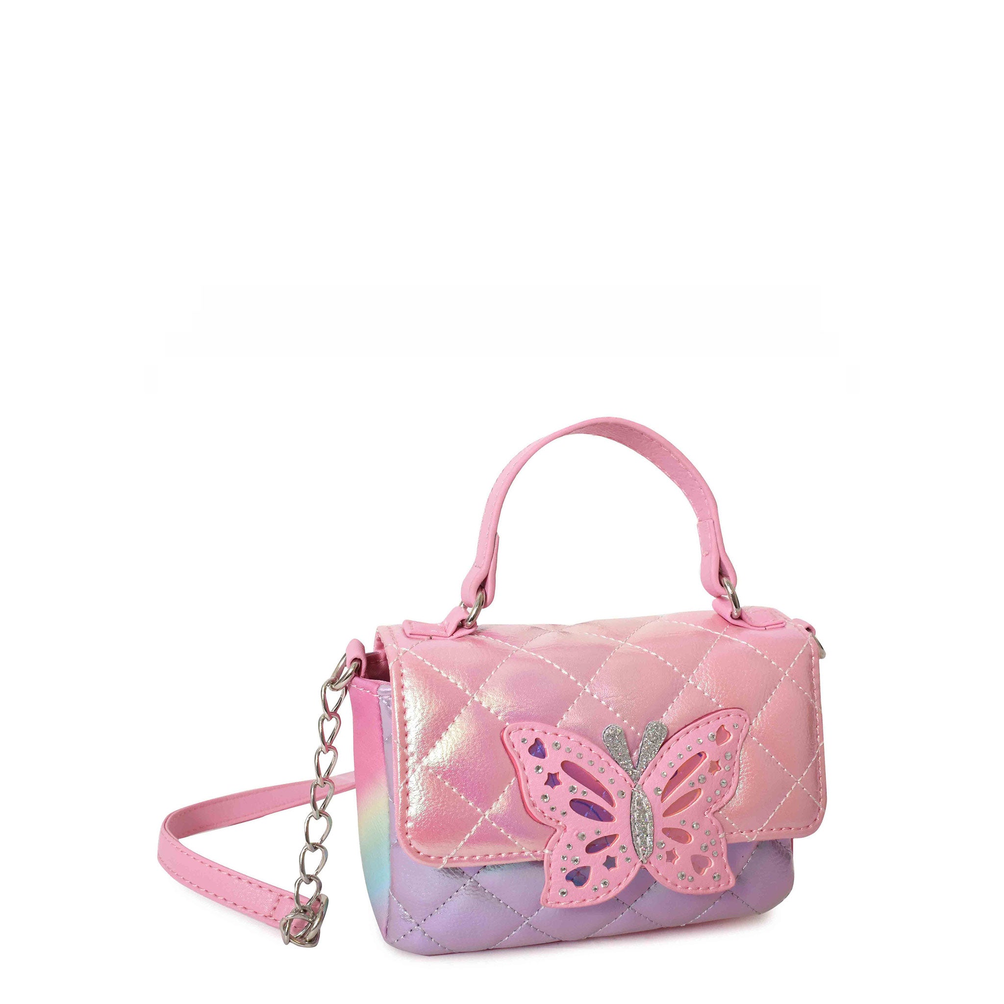 Side view of metallic quilted top handle crossbody with butterfly closure