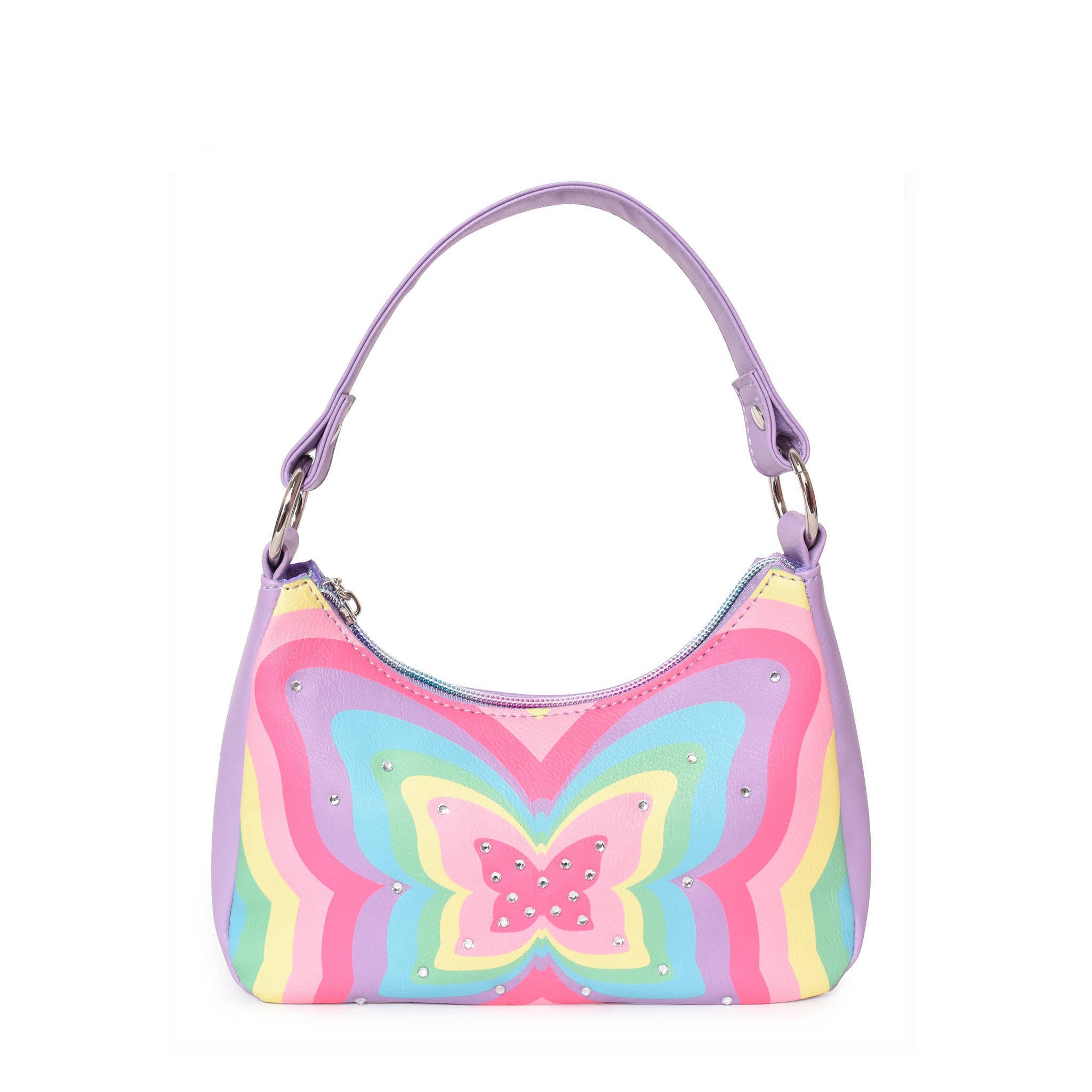 Front view of a lavender rainbow rayed-butterfly print mini crescent bag with rhinestones