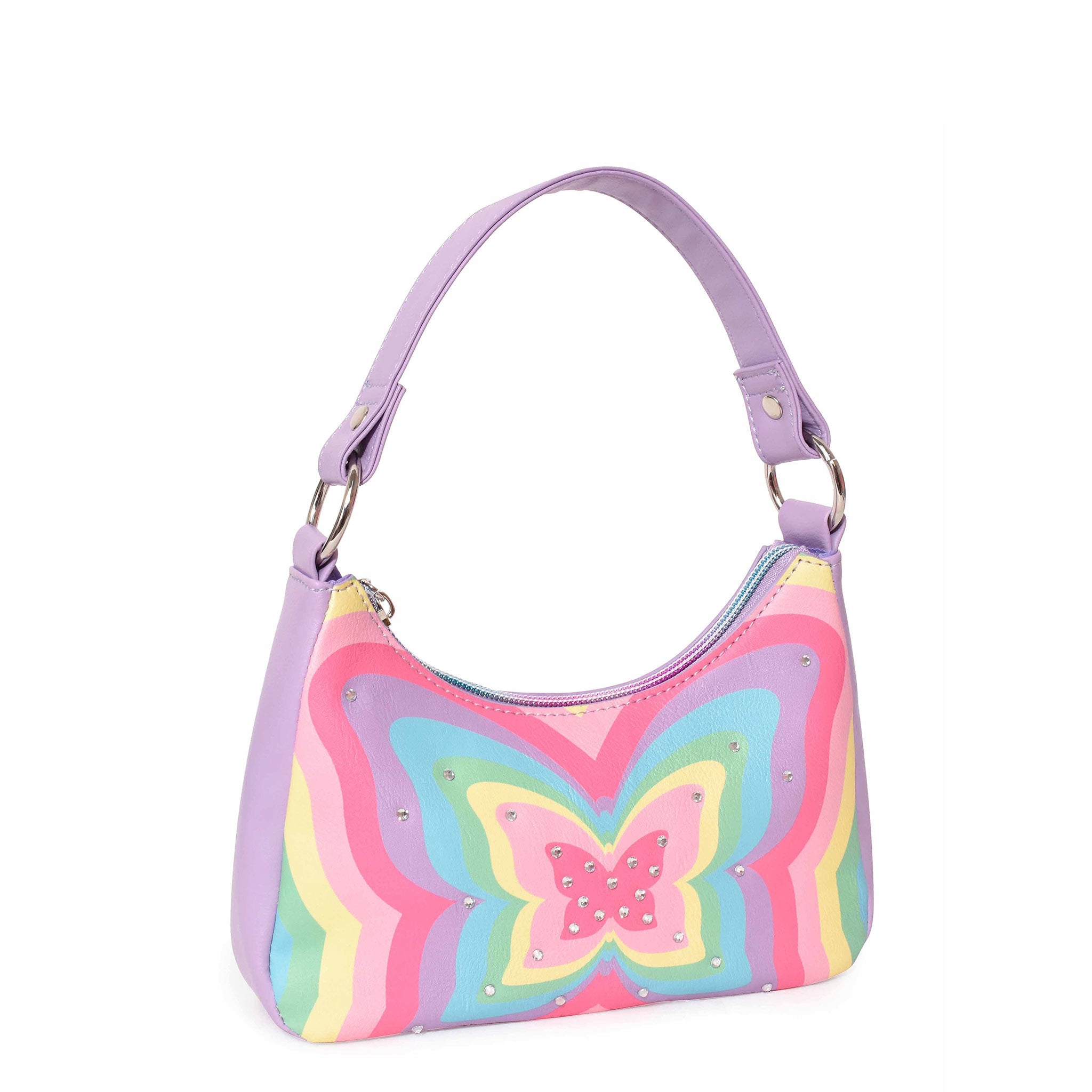 Side view of a lavender rainbow rayed-butterfly print mini crescent bag with rhinestones