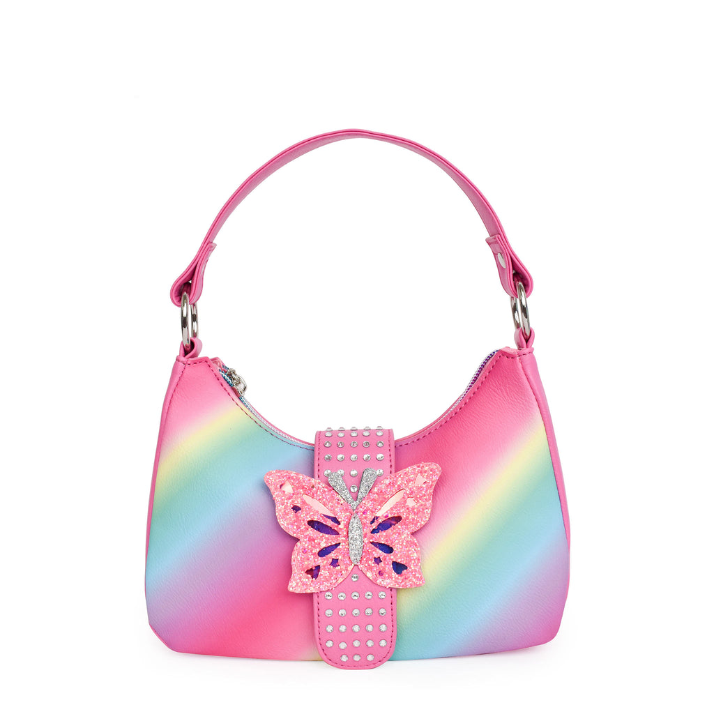 Front view of mini ombre crescent bag with rhinestone butterfly buckle
