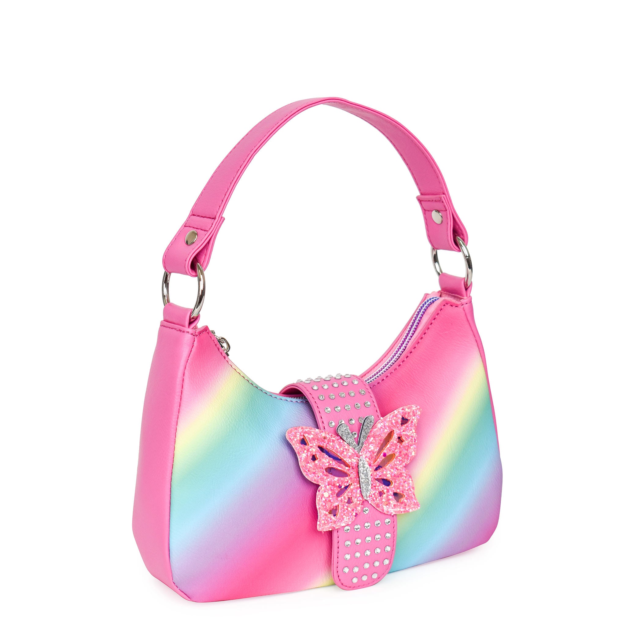 Side view of mini ombre crescent bag with rhinestone butterfly buckle