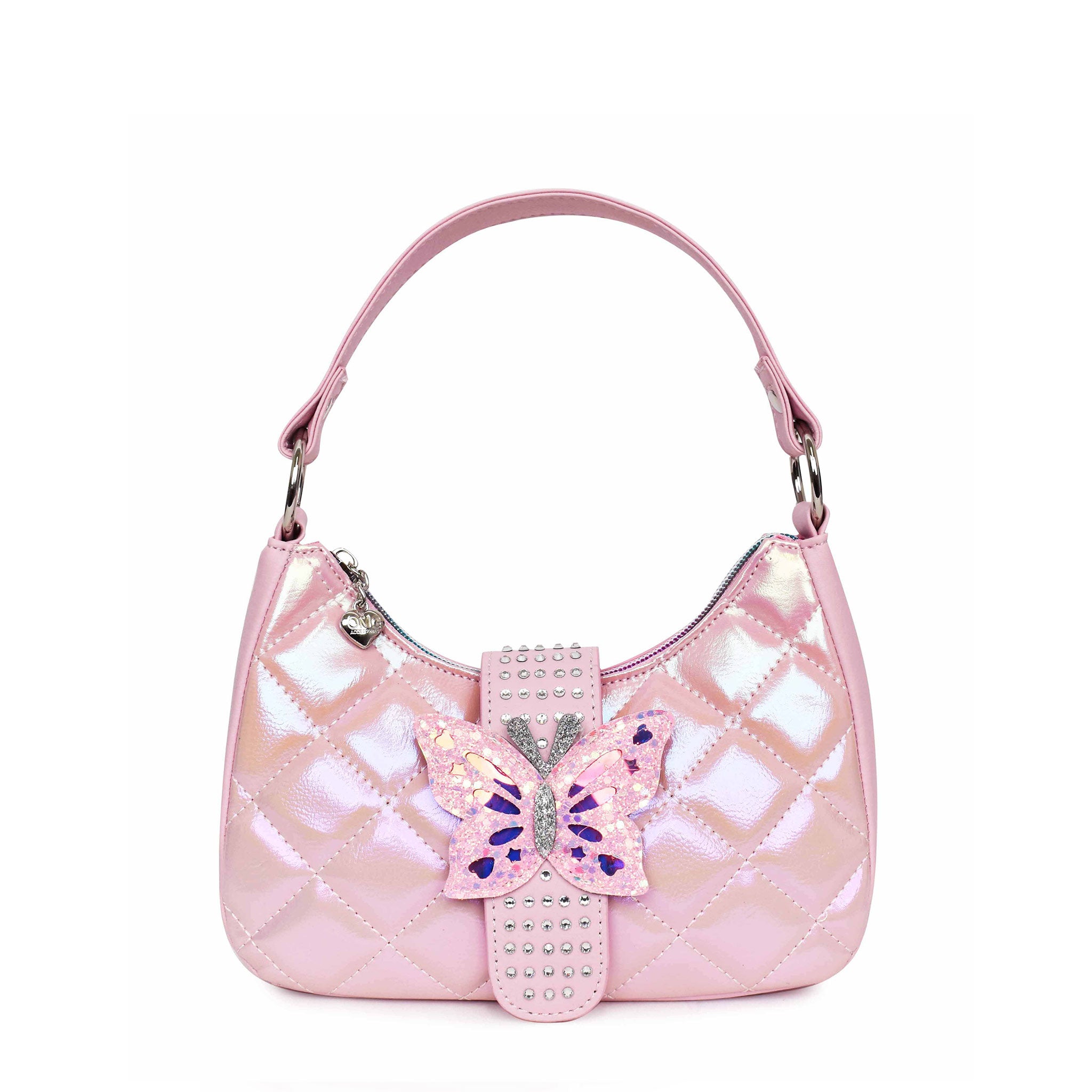 Front view of pink metallic quilted mini hobo bag with a rhinestone buckle embellished with a glitter butterfly appliqué 