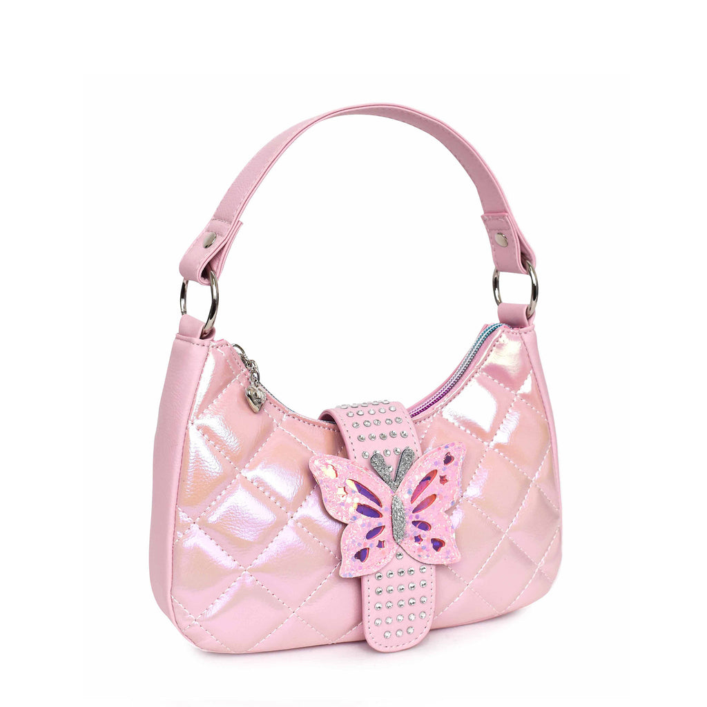 Side  view of pink metallic quilted mini hobo bag with a rhinestone buckle embellished with a glitter butterfly appliqué