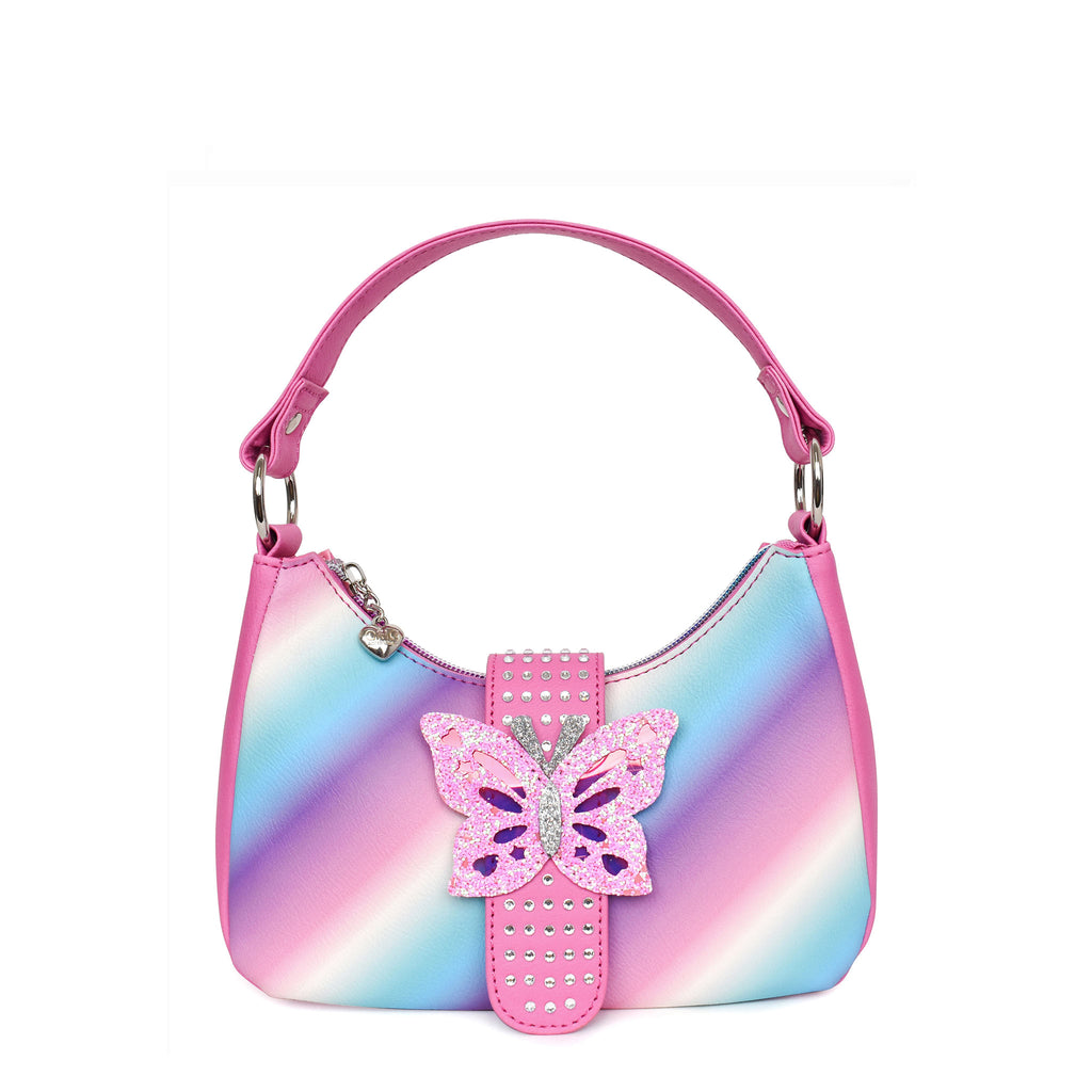 Front view of an ombre striped mini hobo bag with rhinestone buckle embellished with a glitter butterfly appliqué