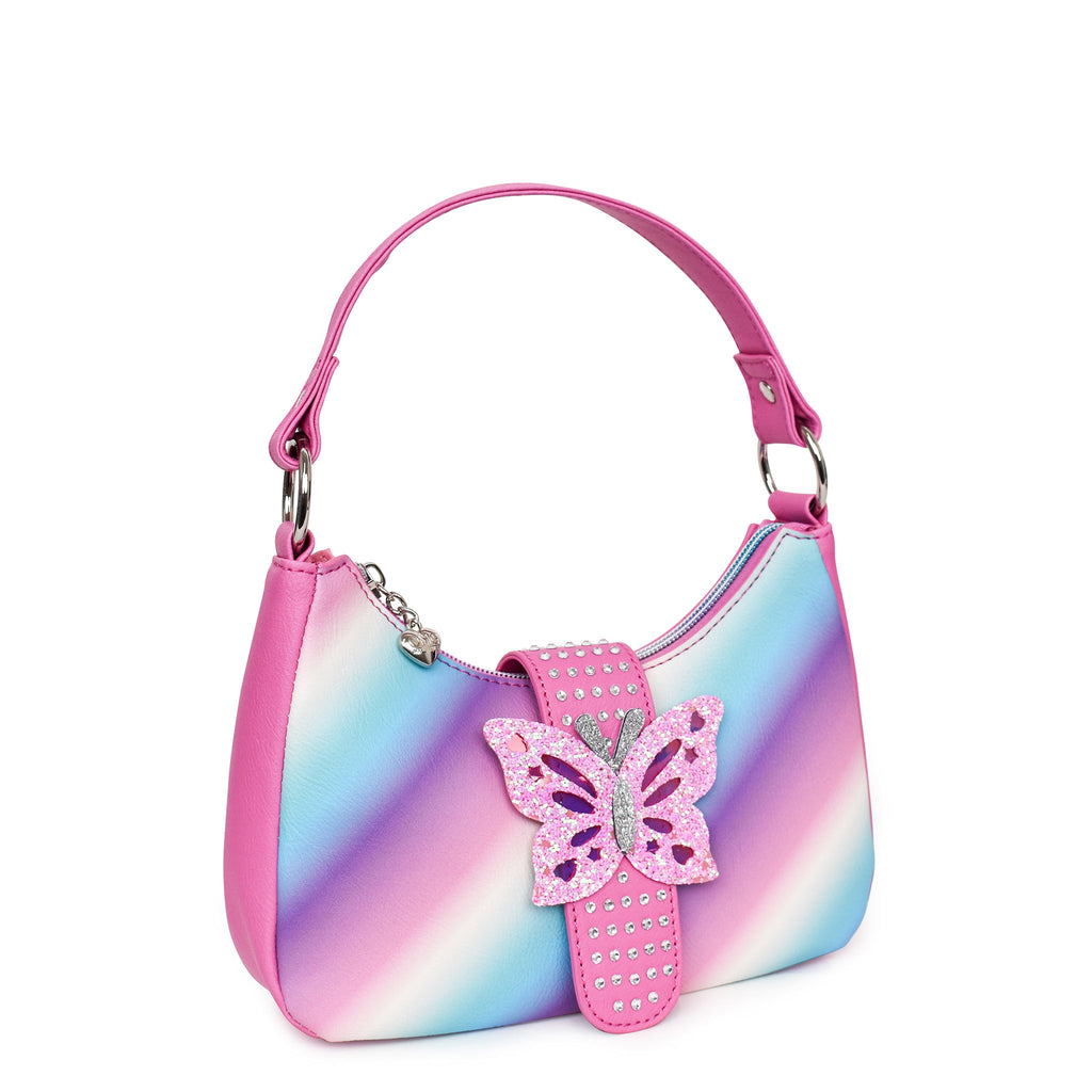 Side view of an ombre striped mini hobo bag with rhinestone buckle embellished with a glitter butterfly appliqué