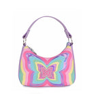 Front view of a rayed butterfly mini hobo bag embellished with rhinestones