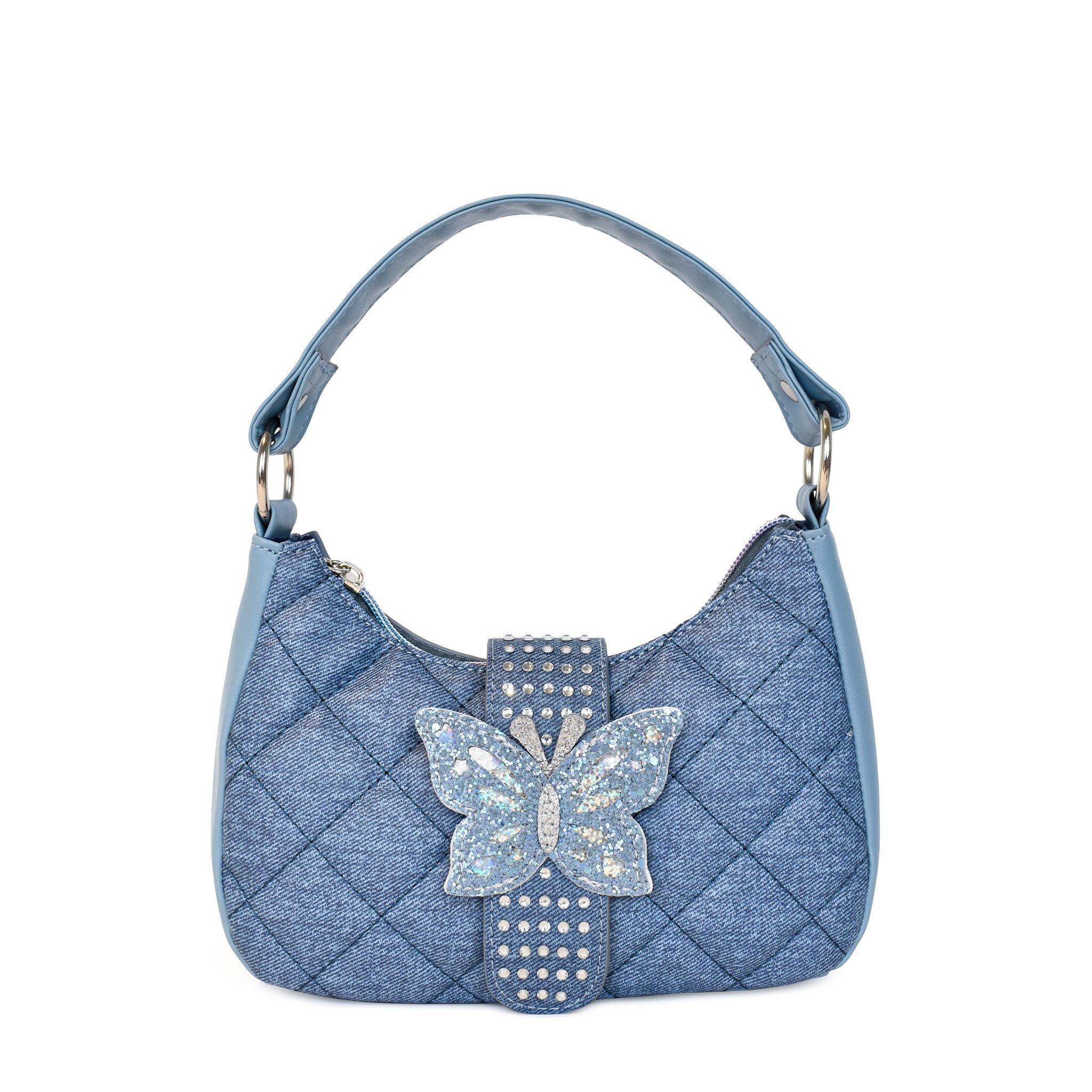 Front view of a denim quilted mini hobo bag with a rhinestone butterfly buckle closure