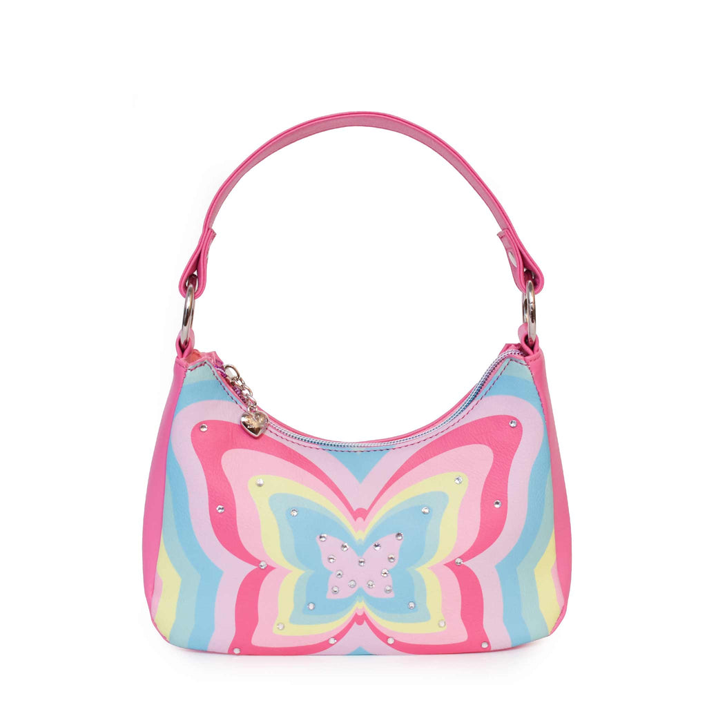 Front view of a butterfly mini crescent bag with rhinestones