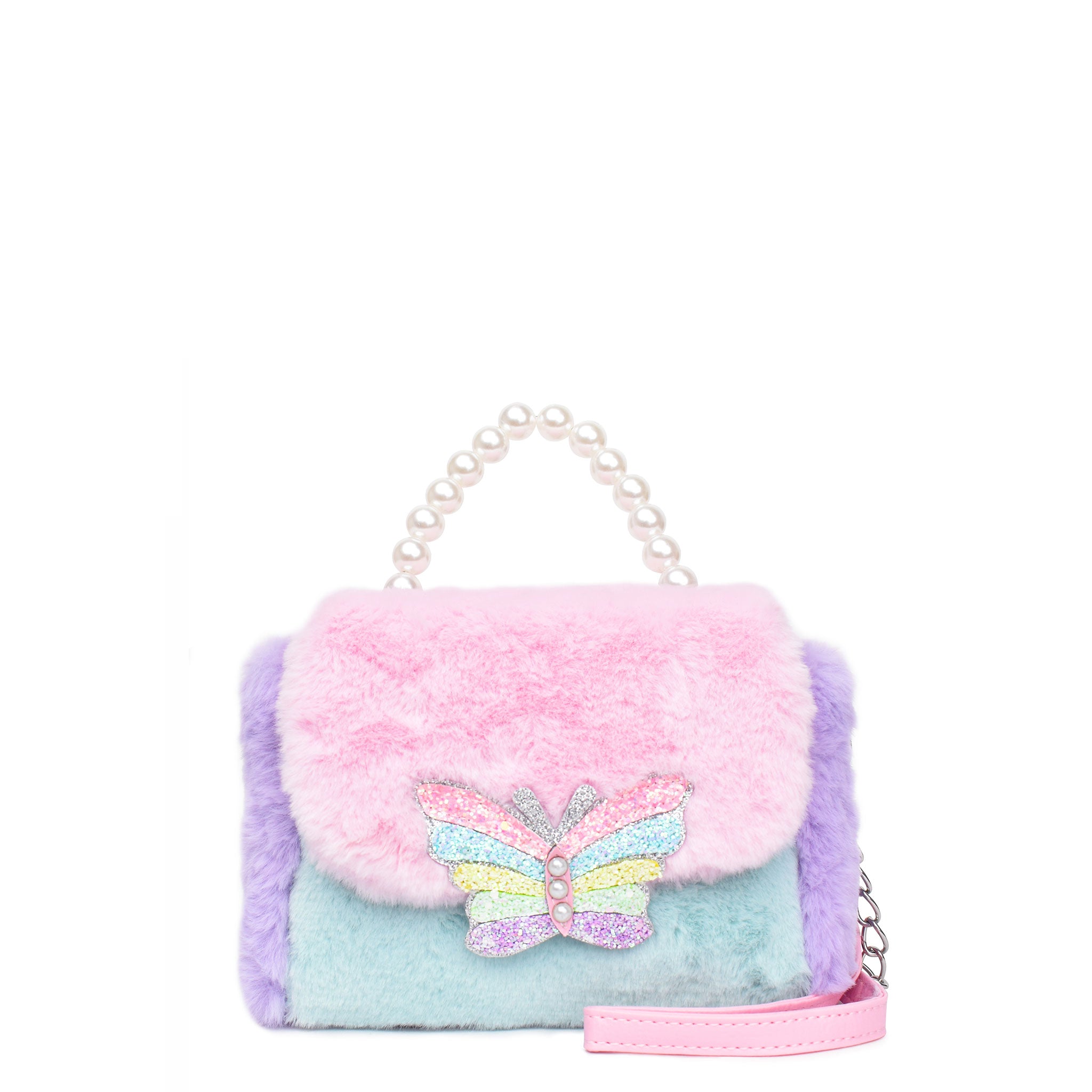 front view of a color block plush mini bag with a pearl beaded top handle with a glitter butterfly applique.