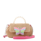 front view of a straw baguette shaped crossbody bag with a flap front closure & pearl beaded top handle. topped with a glitter butterfly appliqué 