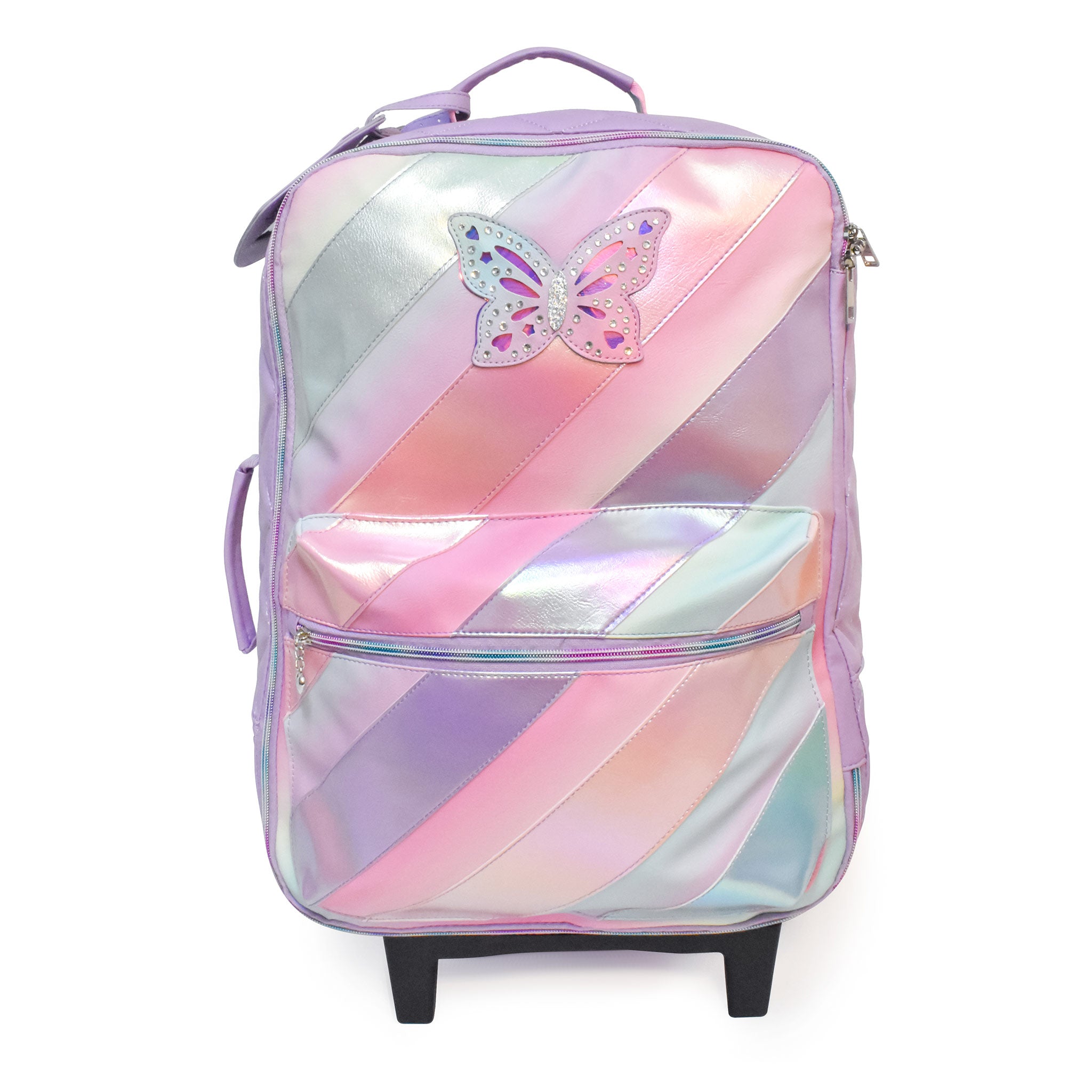 Front view of metallic striped rolling luggage with rhinestone butterfly patch and 'Travel' luggage tag