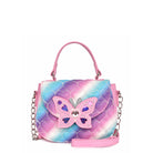 Front  view of an ombre flap front top handle crossbody bag with a rhinestone butterfly appliqué closure button