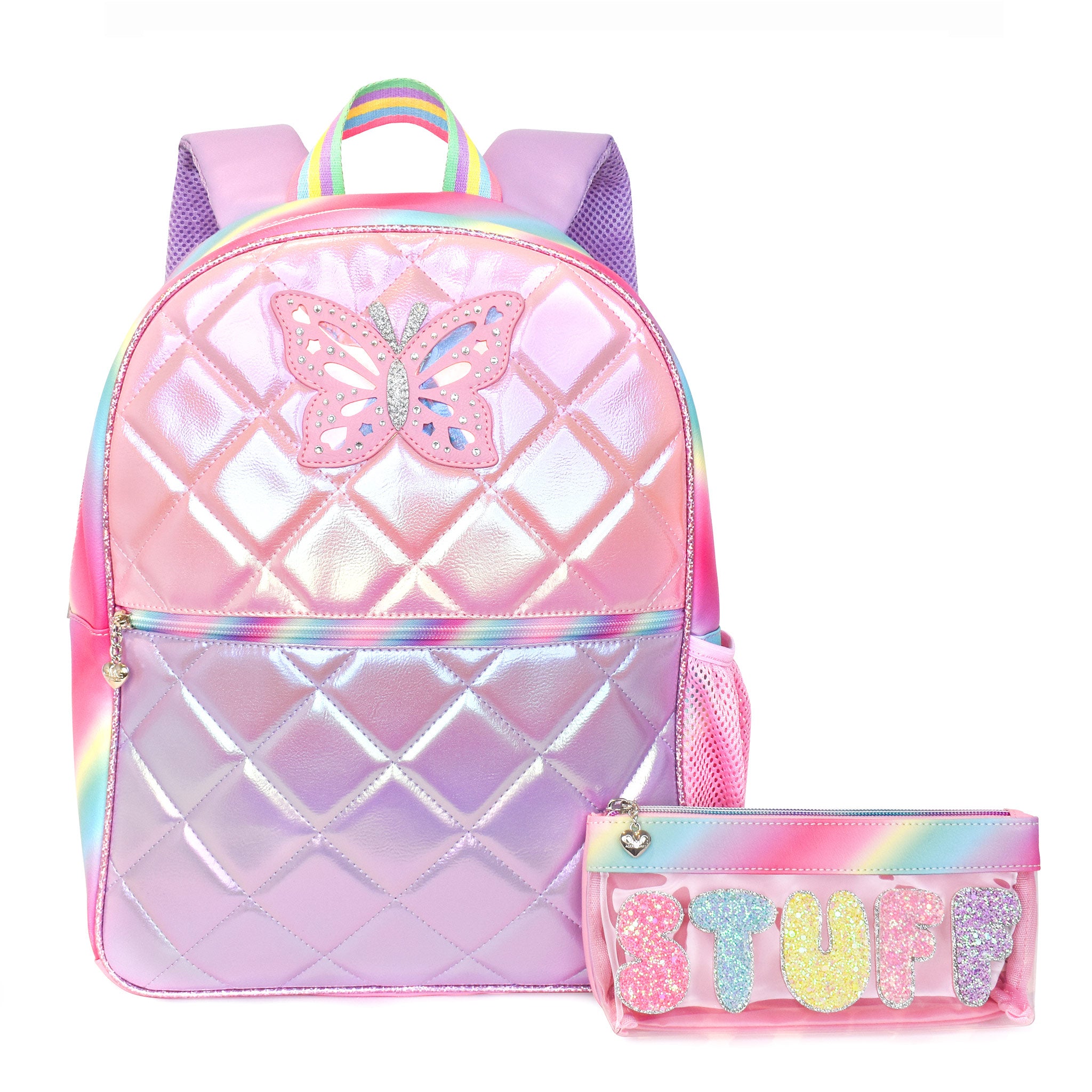 Butterfly Metallic Quilted Large Backpack with Stuff Clear Pencil Po OMG Accessories