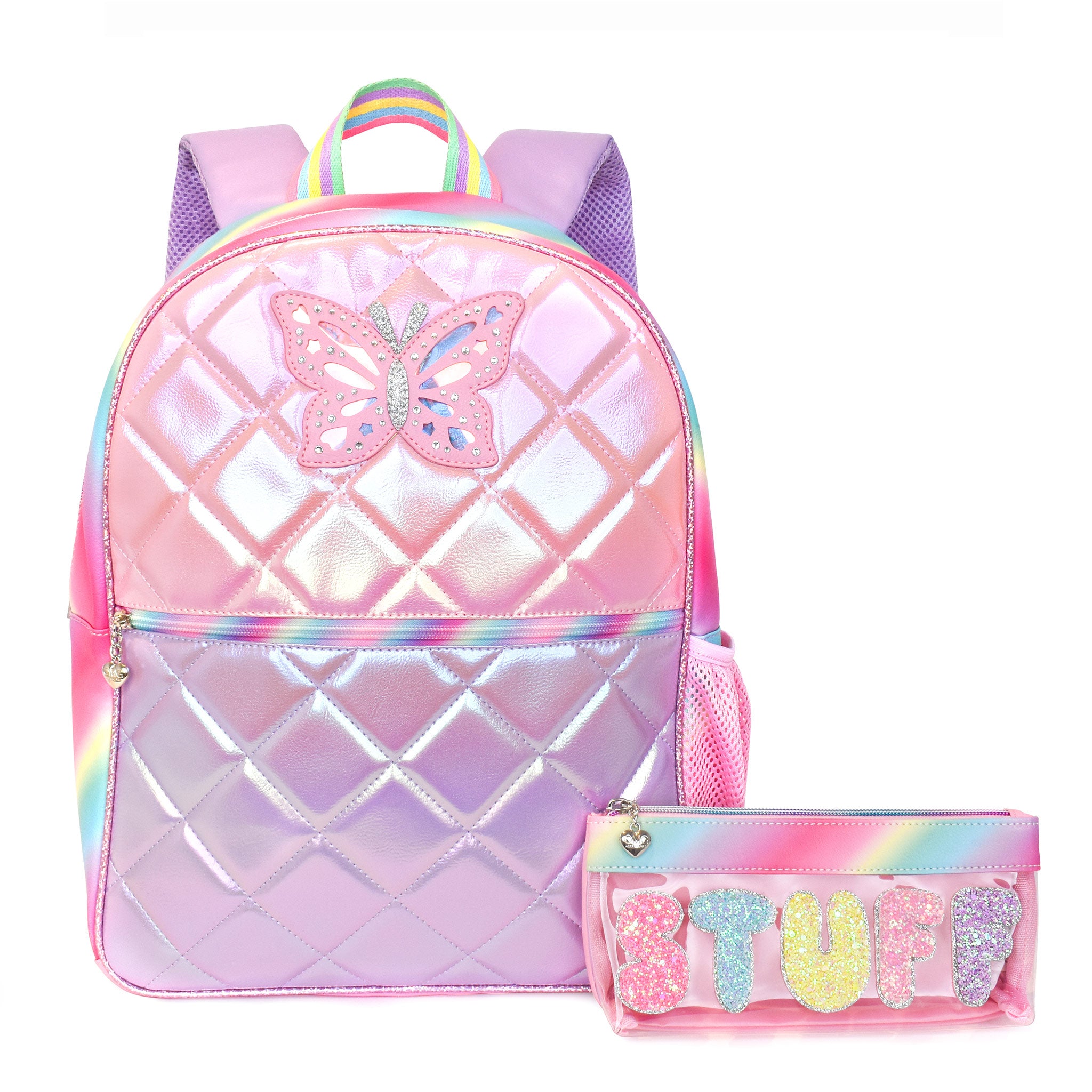 Front view of a metallic pink & purple quilted large backpack with a butterfly applique and a clear pencil pouch