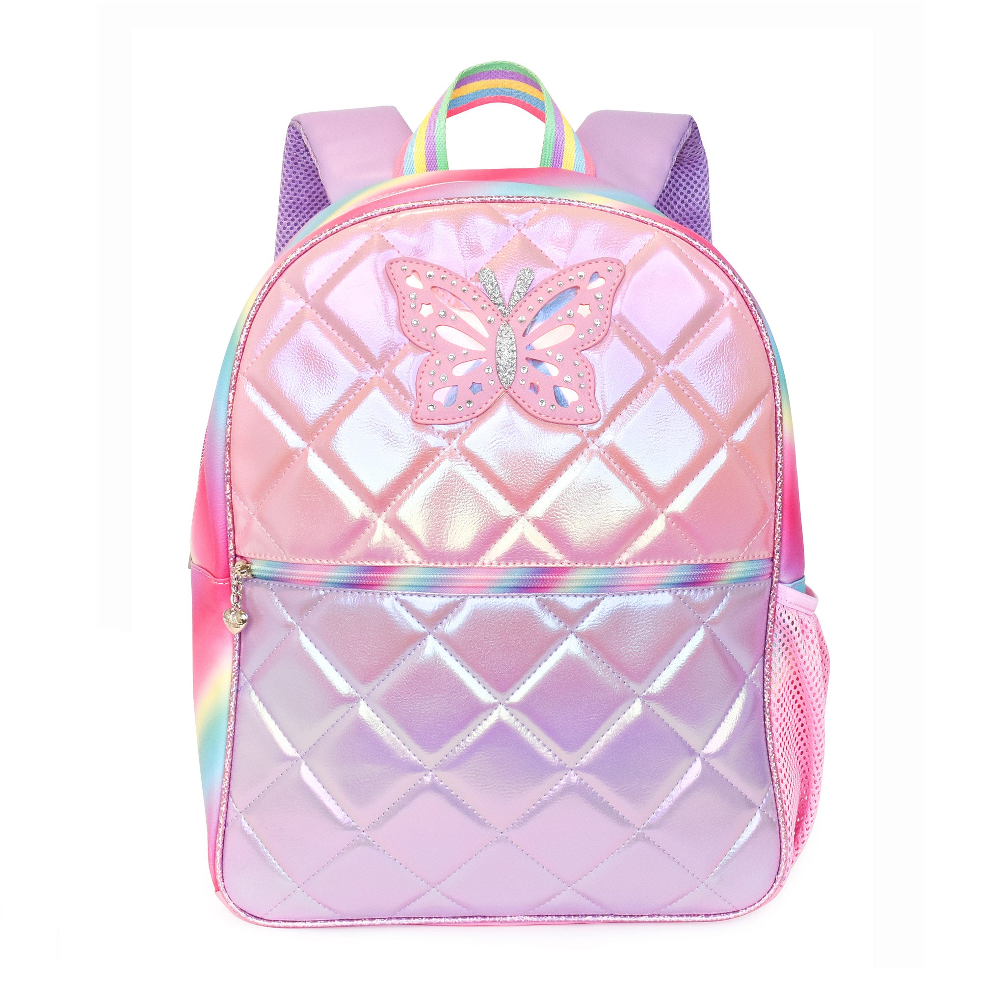 Side view of a metallic pink & purple quilted large backpack with a butterfly applique and a clear pencil pouch