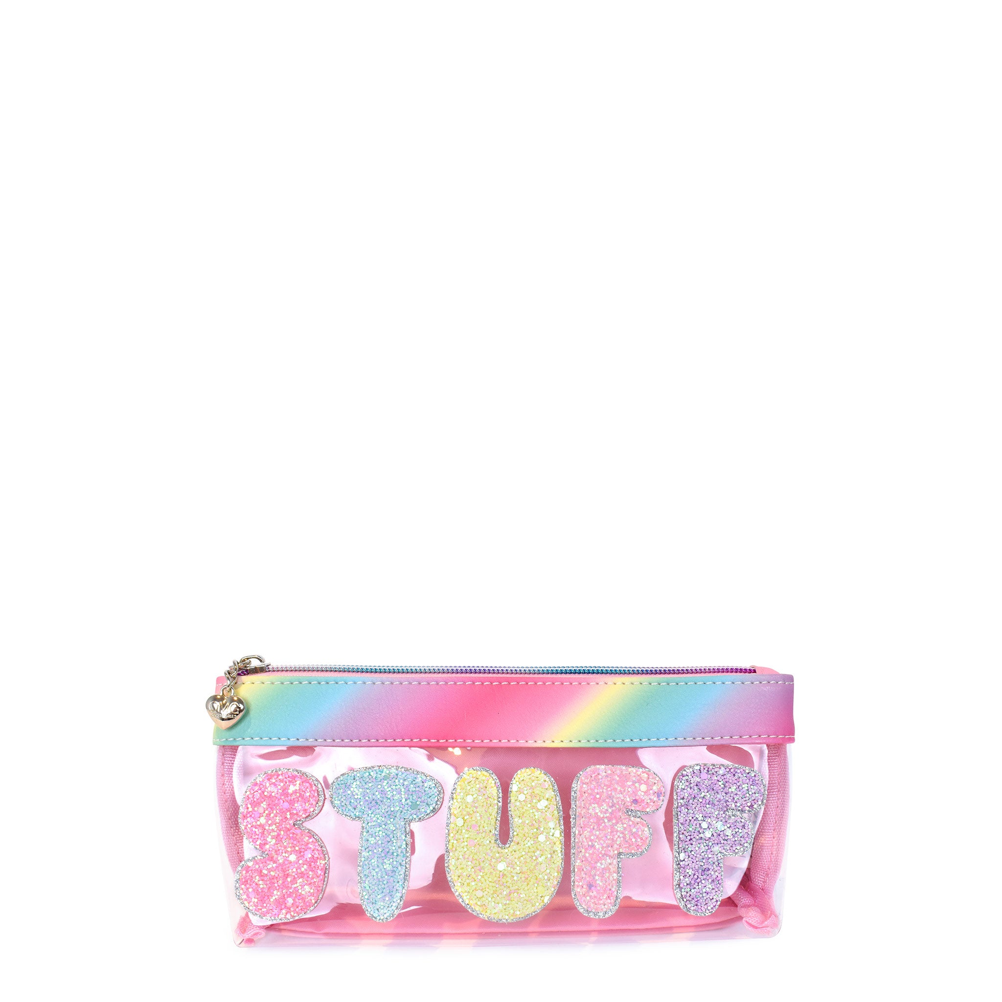 Front view of a clear front pencil pouch with glitter bubble letters 'STUFF' 
