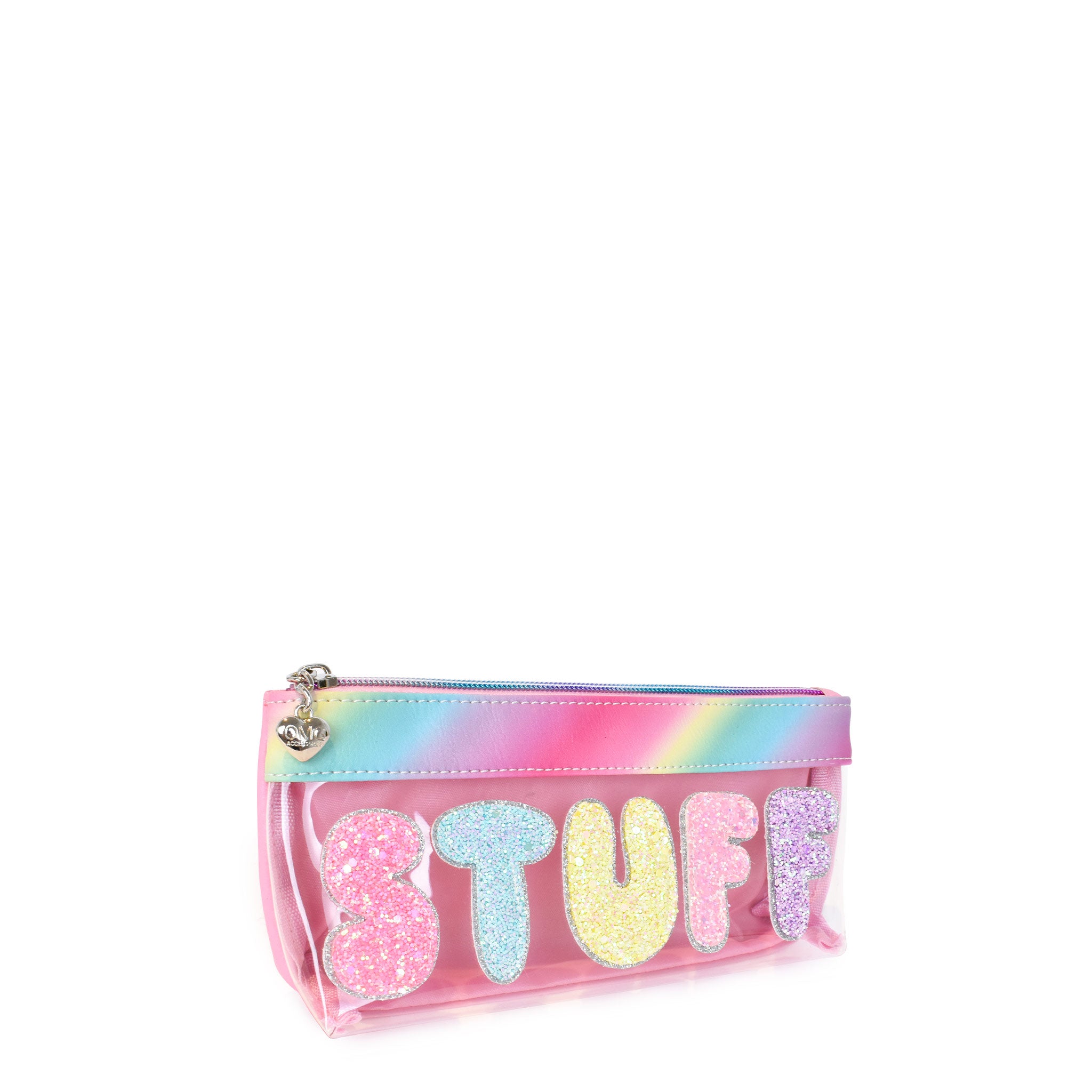 Side view of a clear front pencil pouch with glitter bubble letters 'STUFF'