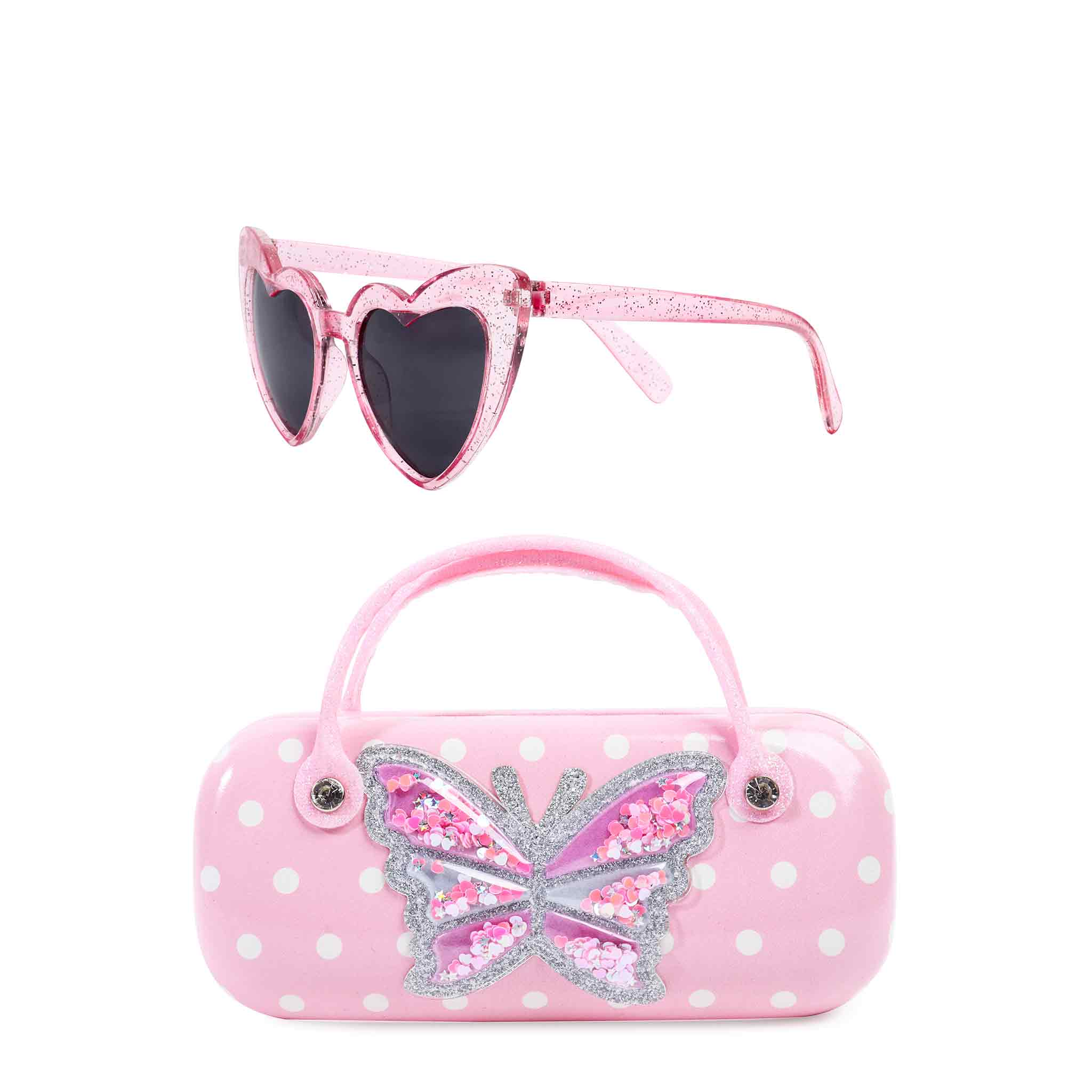 front view of a polka dotted sunglass case with a confetti butterfly patch along with a pair of glitter heart shaped sunglasses 