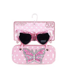  view of a polka dotted sunglass case with a confetti butterfly patch along with a pair of glitter heart shaped sunglasses in packaging