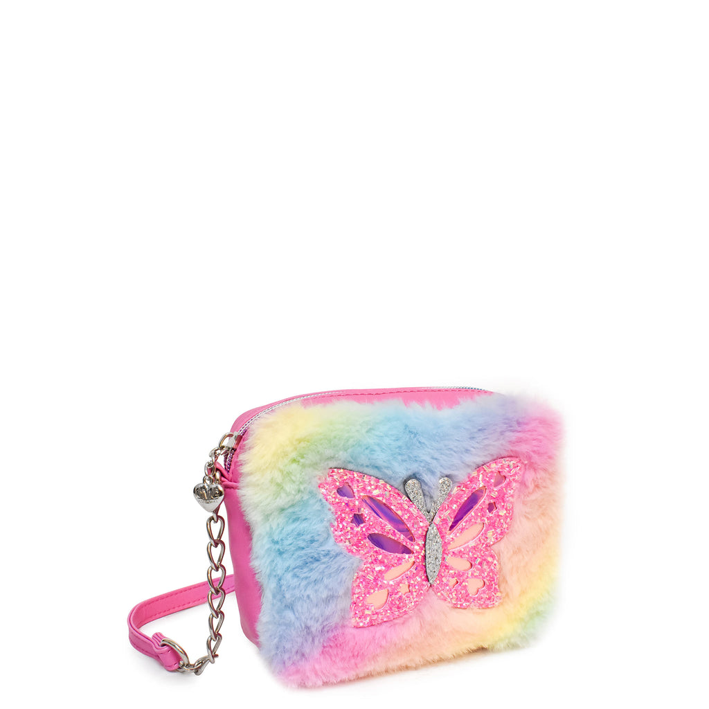 Side view of an ombre plush crossbody with glitter butterfly patch