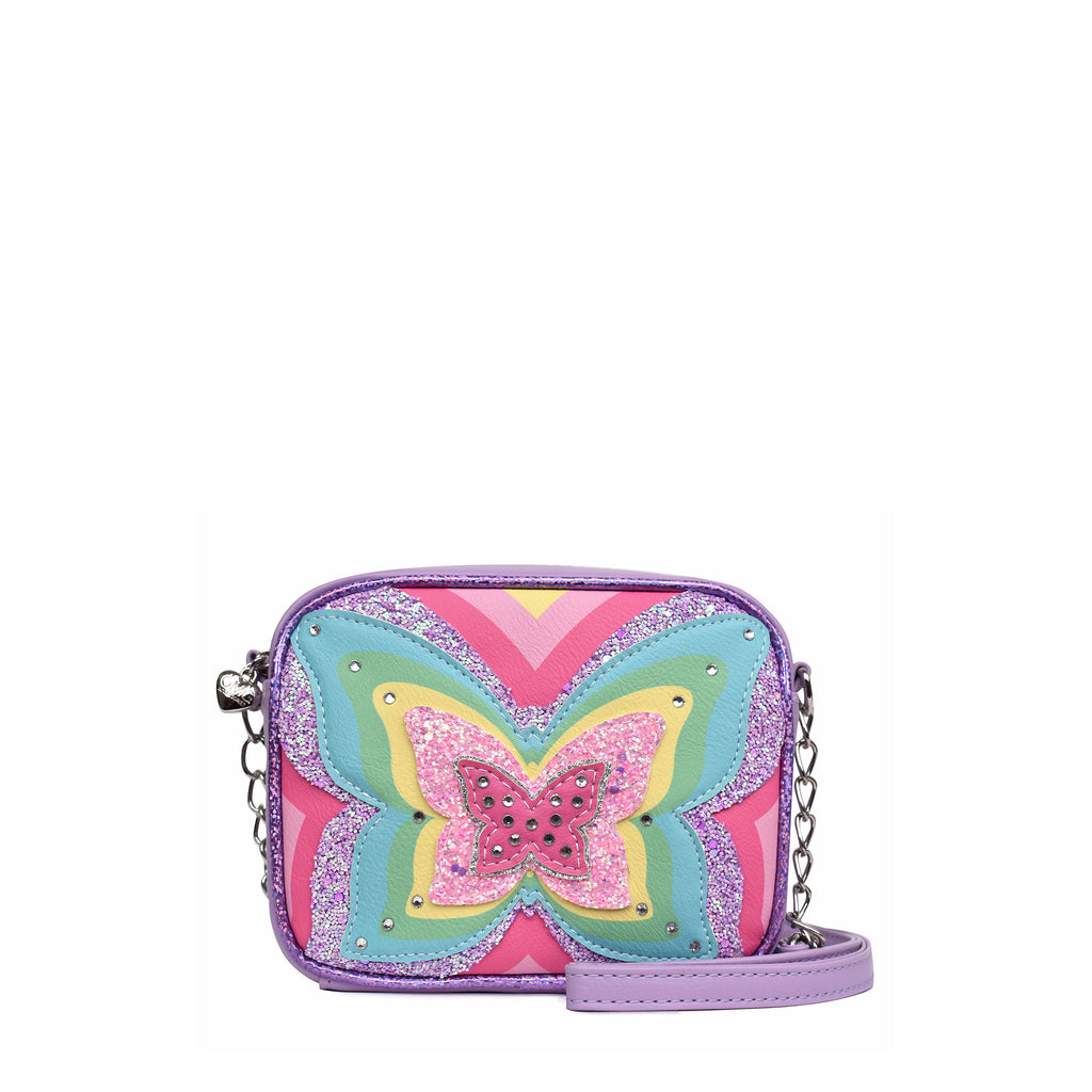 Front view of a rayed rainbow and glitter butterfly square shaped crossbody 