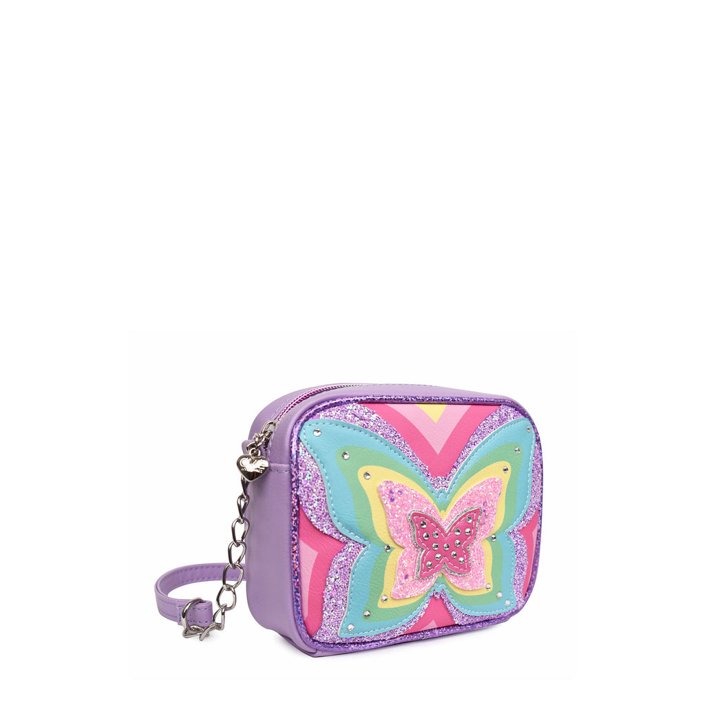 Side view of a rayed rainbow and glitter butterfly square shaped crossbody