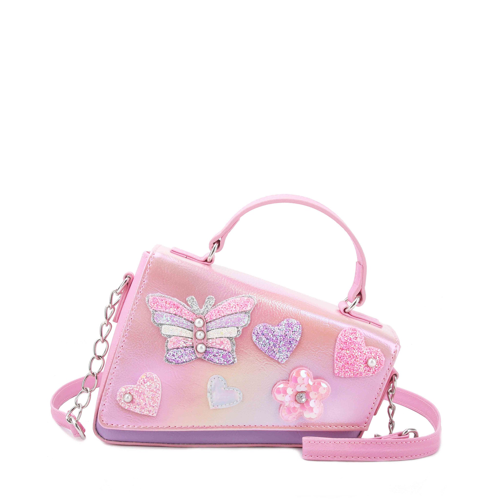 Pink and Lavender Angled Crossbody Bag with Butterfly, Heart, and Daisy Appliques