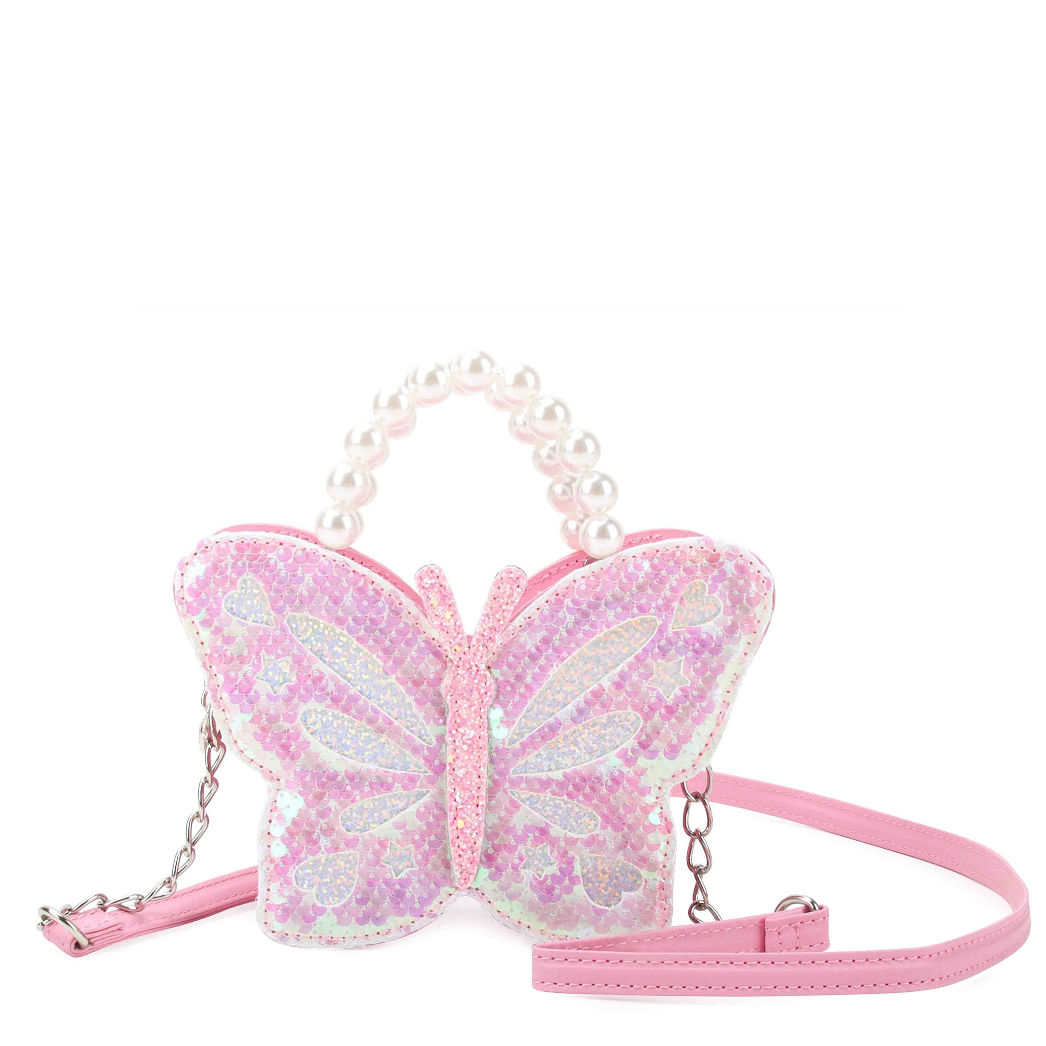 Pink sequin butterfly shaped bag with a pearl topped handle and adjustable crossbody strap