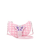 front view of a pink woven crescent shaped crossbody bag with a rhinestone closure strap & a glitter butterfly appliqué 