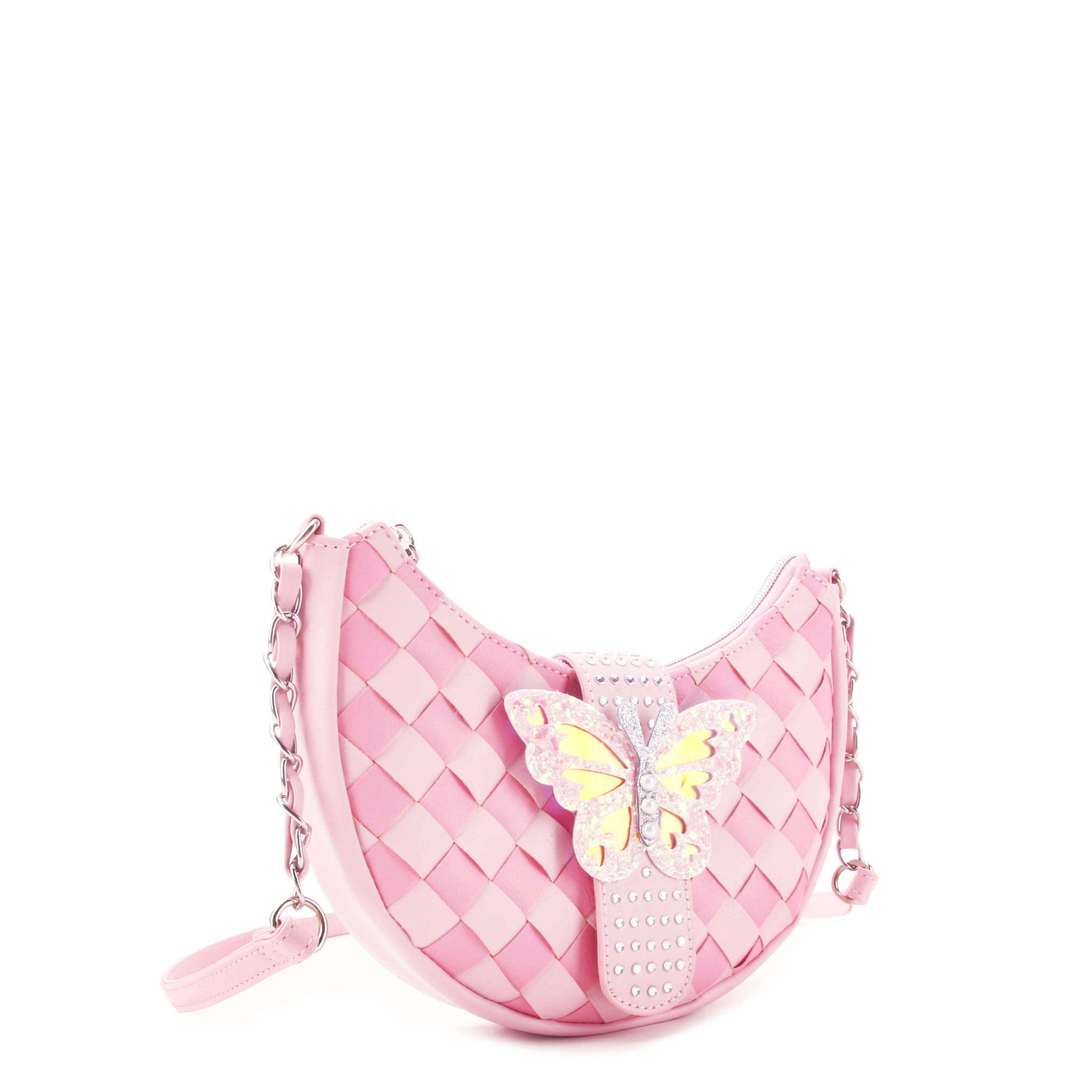 side view of a pink woven crescent shaped crossbody bag with a rhinestone closure strap & a glitter butterfly appliqué 
